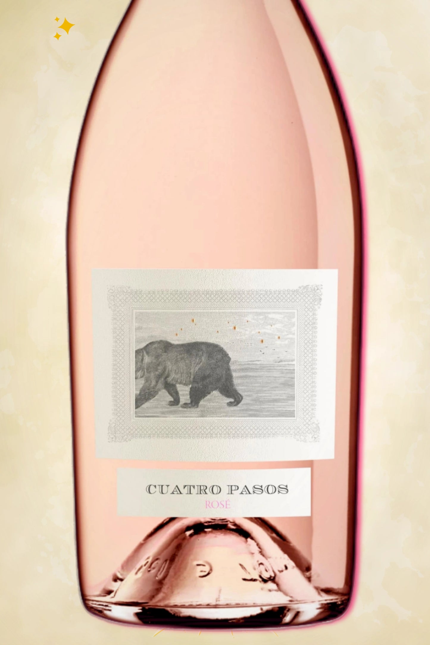Close-up label Cuatro Pasos Rosado 2023 – Cuatro Pasos logo en vintage details