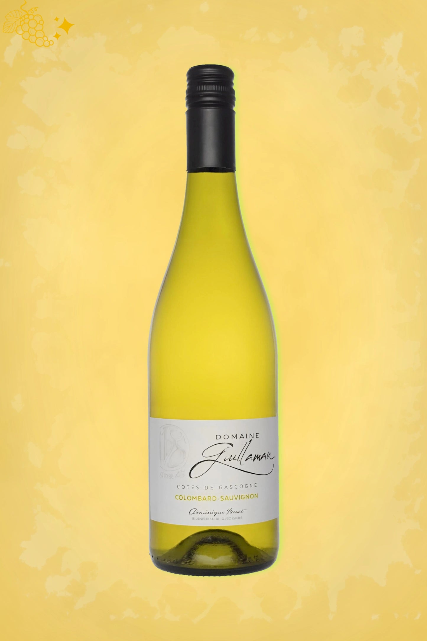 Domaine de Guillaman Côtes de Gascogne Blanc 2024 tegen gouden achtergrond – frisse witte wijn presentatie