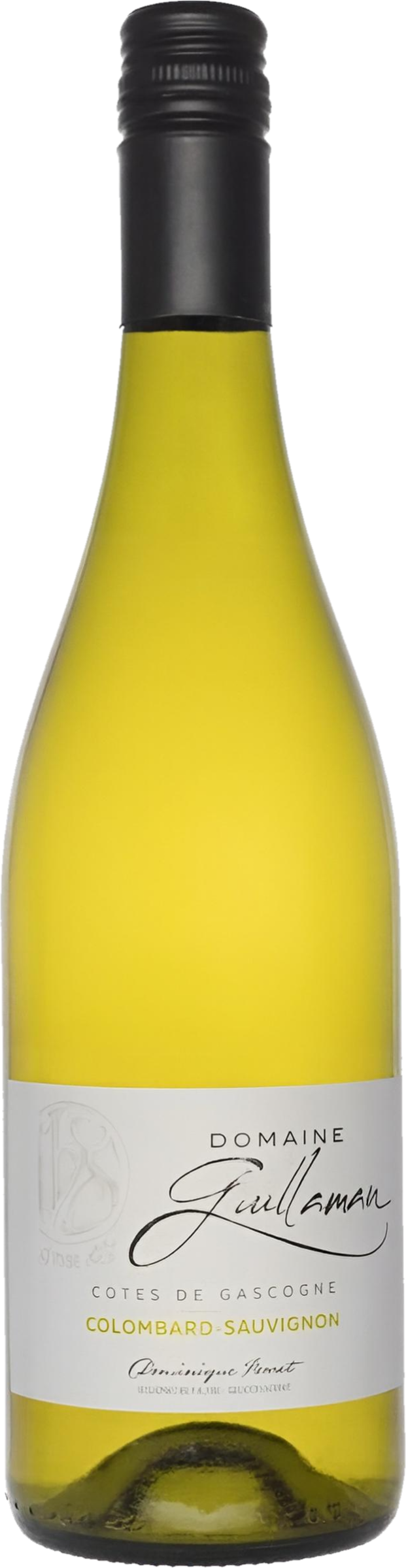 Domaine de Guillaman Côtes de Gascogne Blanc 2024 tegen gouden achtergrond – frisse witte wijn presentatie