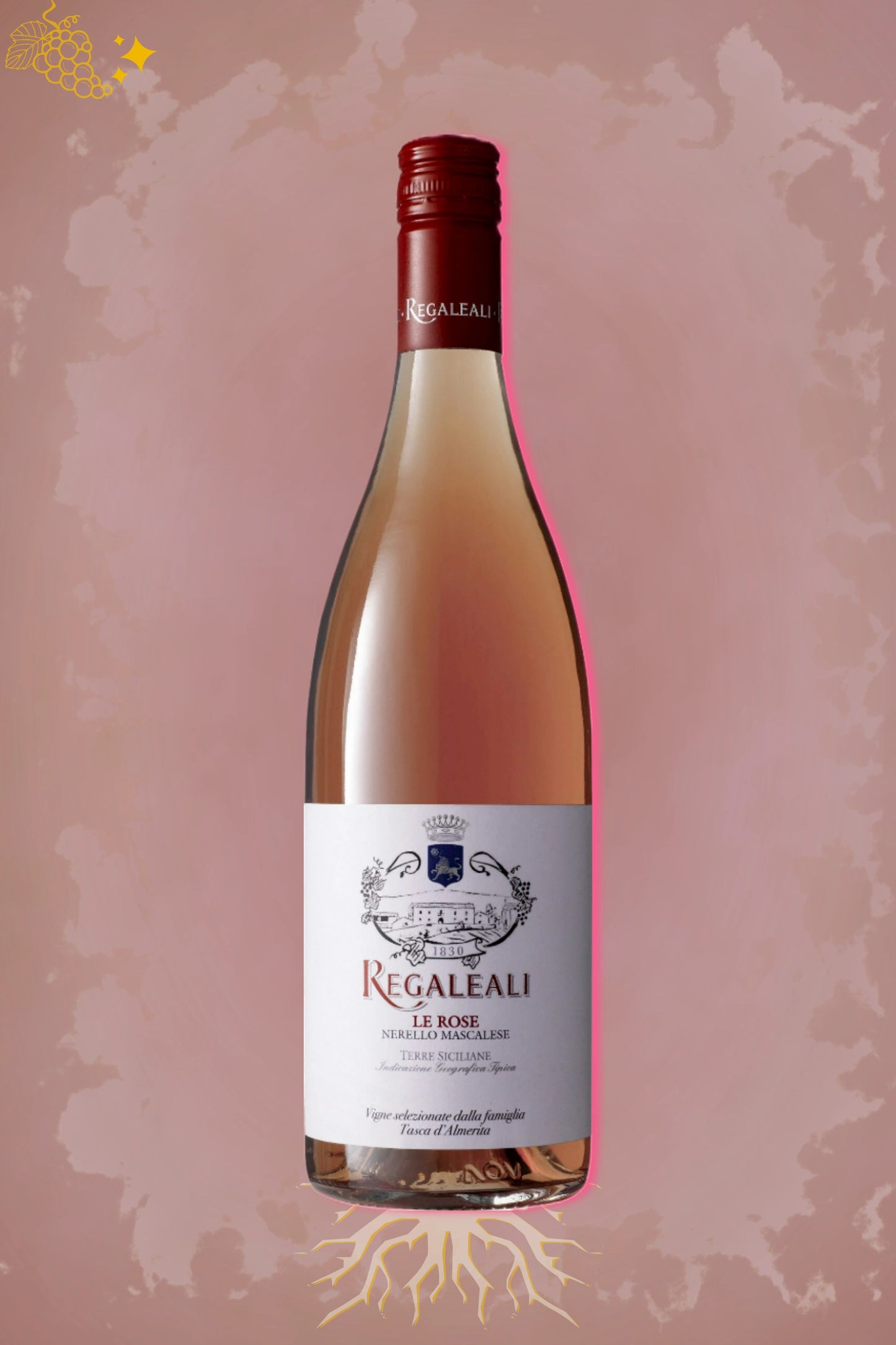 Regaleali Le Rose 2024 tegen bordeaux achtergrond – premium rosé wijn