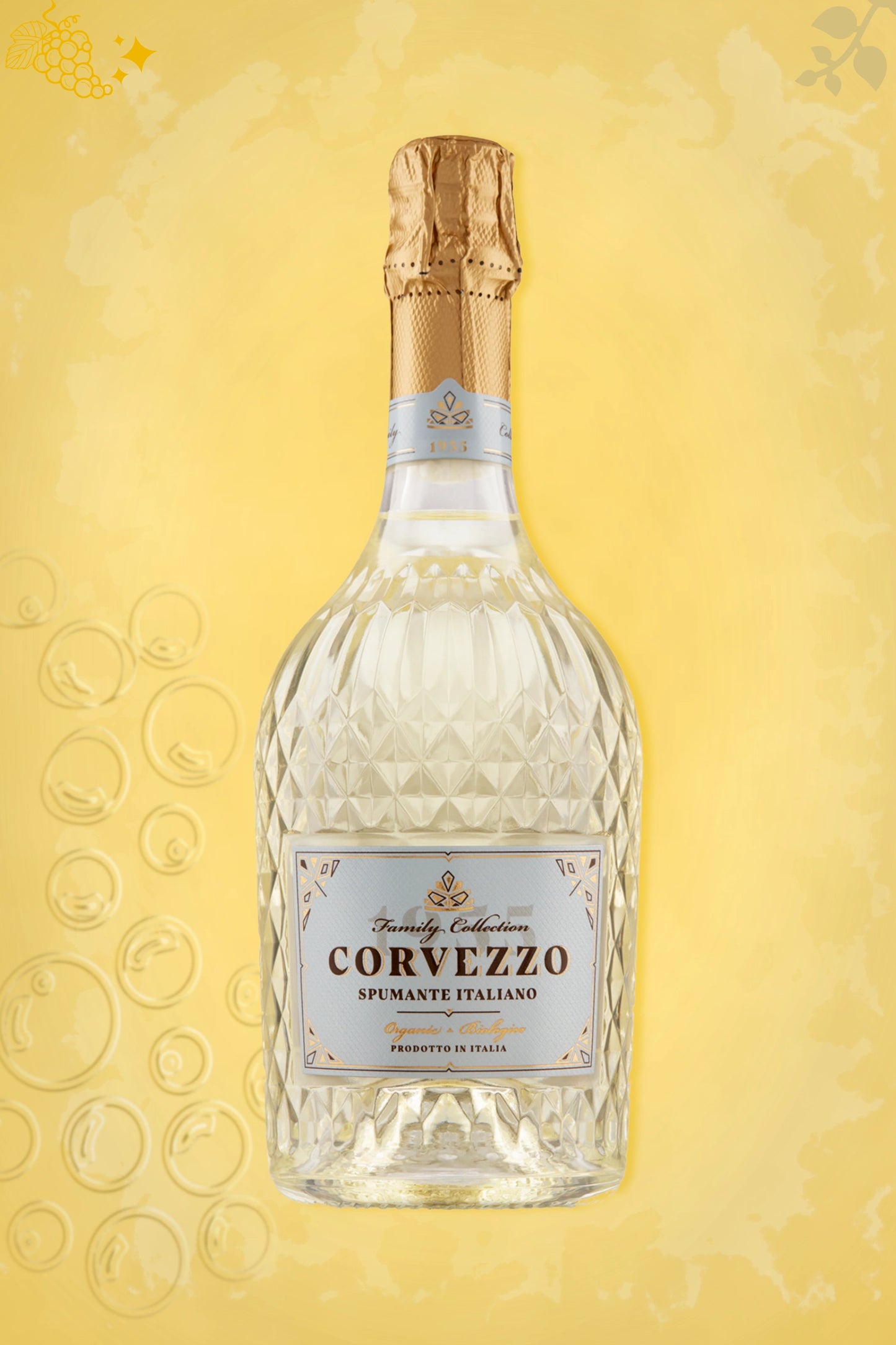 Corvezzo Cuvée Bianco NV tegen gouden achtergrond – premium mousserende wijn