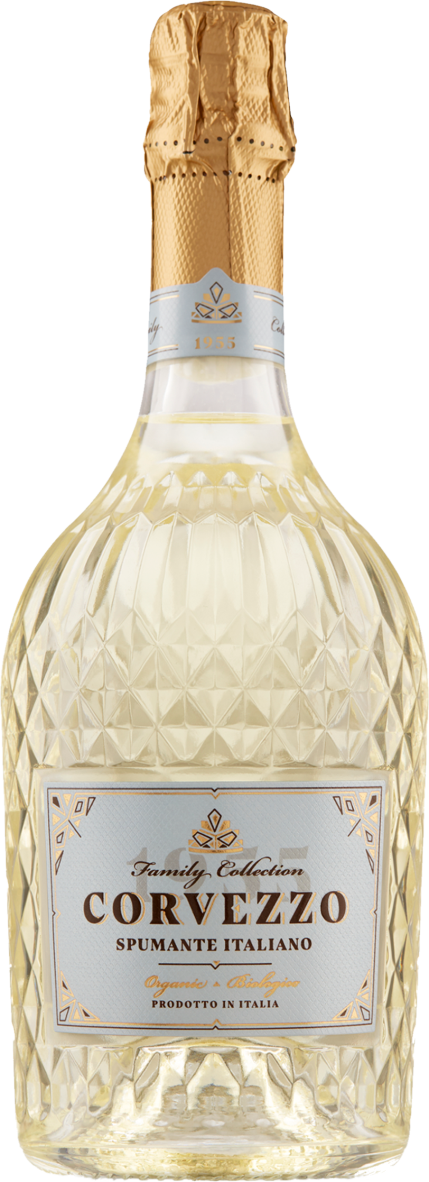 Corvezzo Cuvée Bianco NV tegen gouden achtergrond – premium mousserende wijn