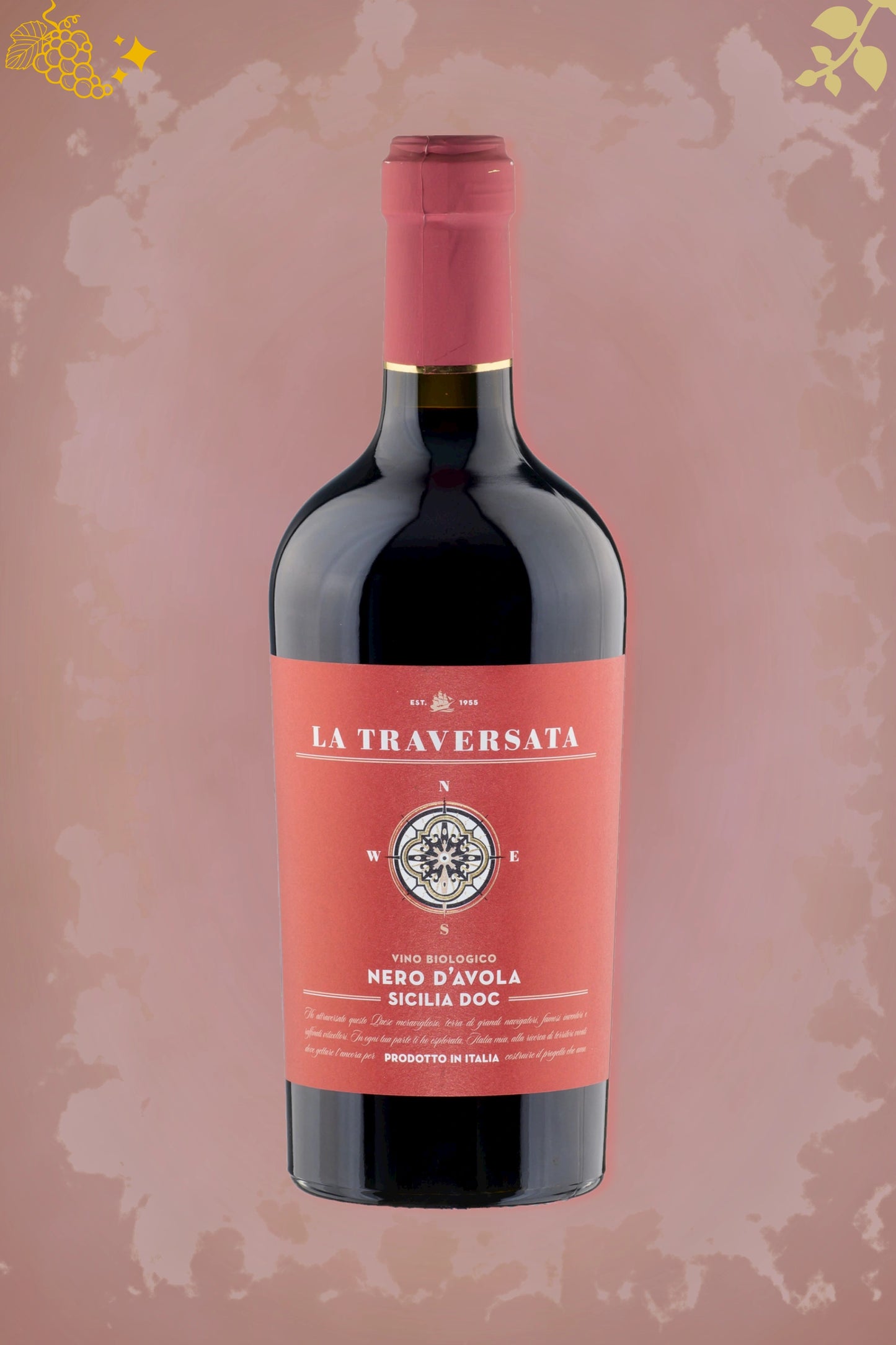 Corvezzo Nero d’Avola Organic 2022 tegen bordeaux achtergrond – premium rode wijn