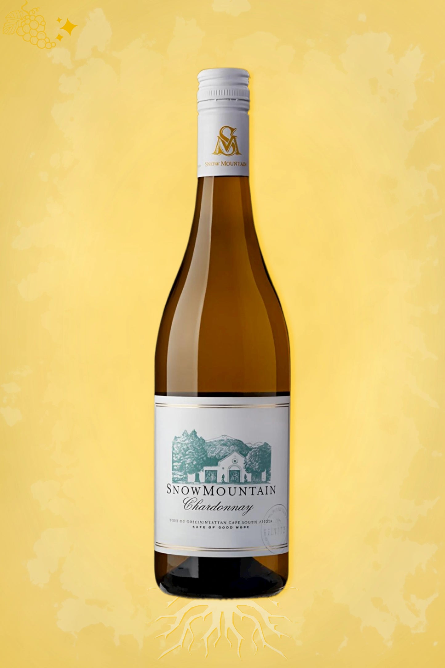 Snow Mountain Chardonnay 2024 tegen lichtgele achtergrond – frisse barrel-fermented chardonnay