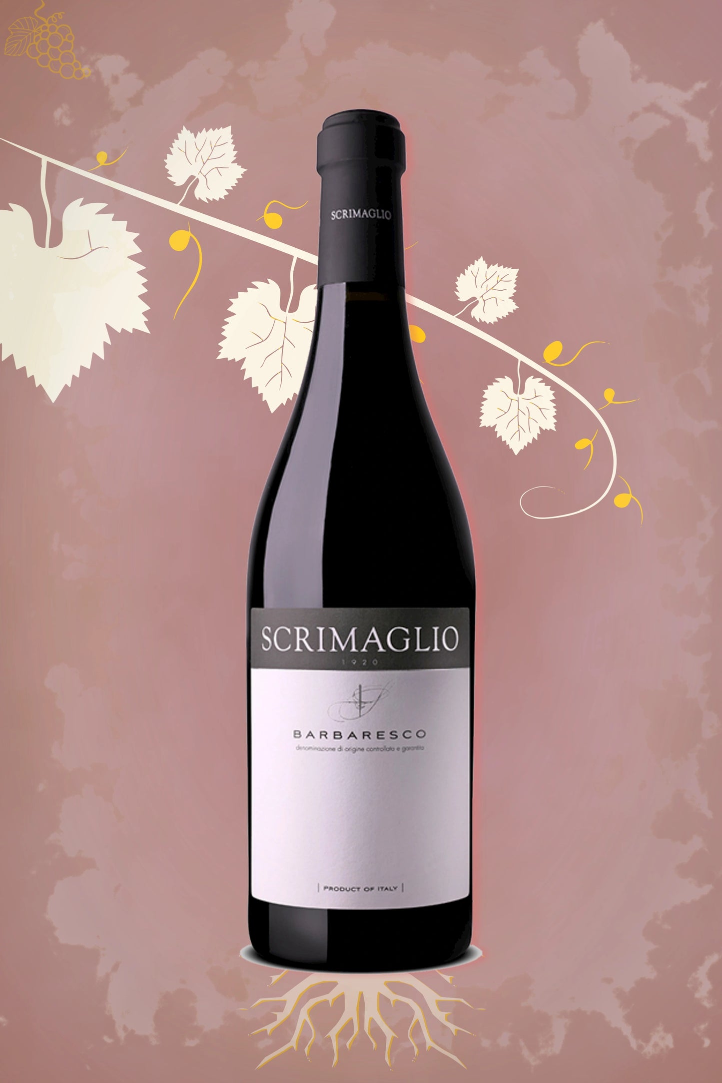 Fles Scrimaglio Barbaresco DOCG 2021 uit Piemonte met nebbiolo-druif, tegen bordeauxrode achtergrond.