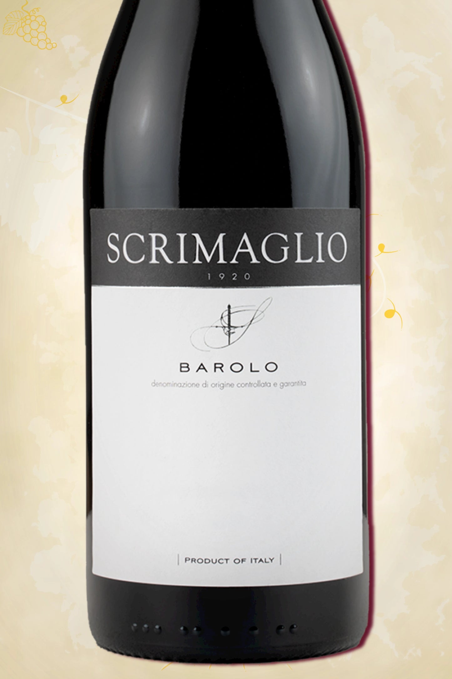 Close-up label Scrimaglio Barolo 2019 – Scrimaglio logo en vintage details