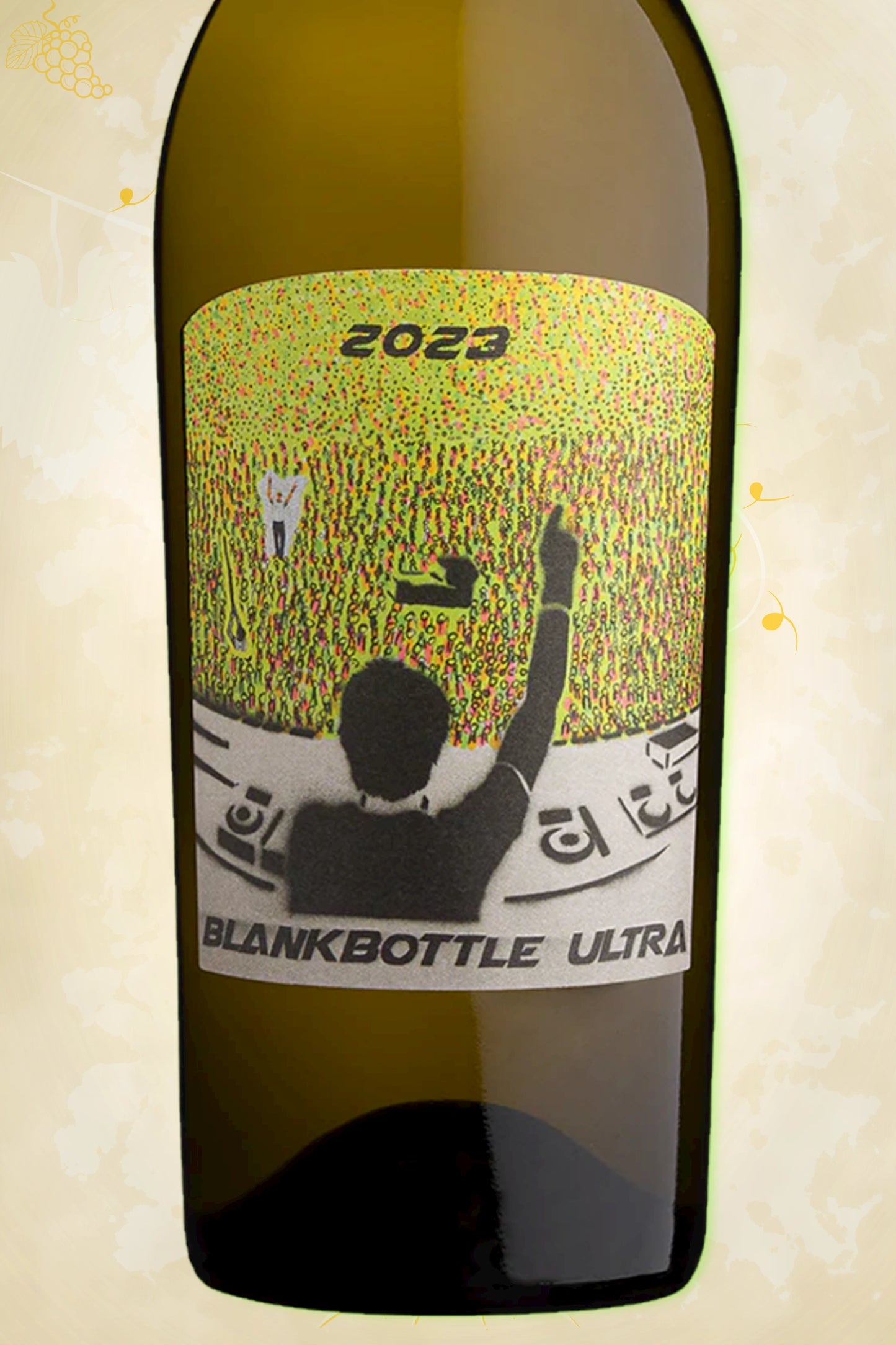 Close-up label Blank Bottle Ultra 2023 – producent en vintage zichtbaar