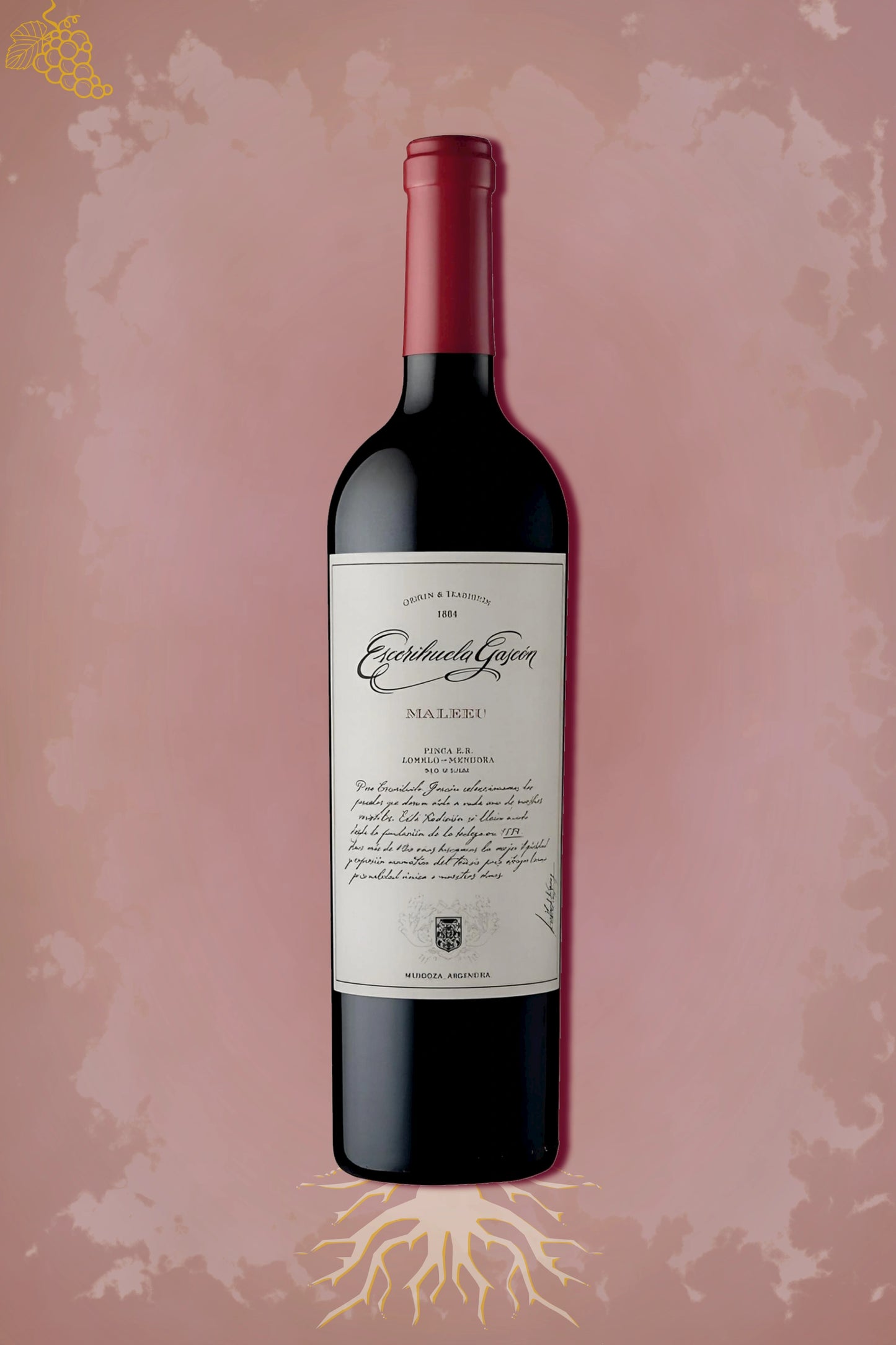 Escorihuela Gascón Malbec 2022 tegen bordeaux achtergrond – volle rode wijn