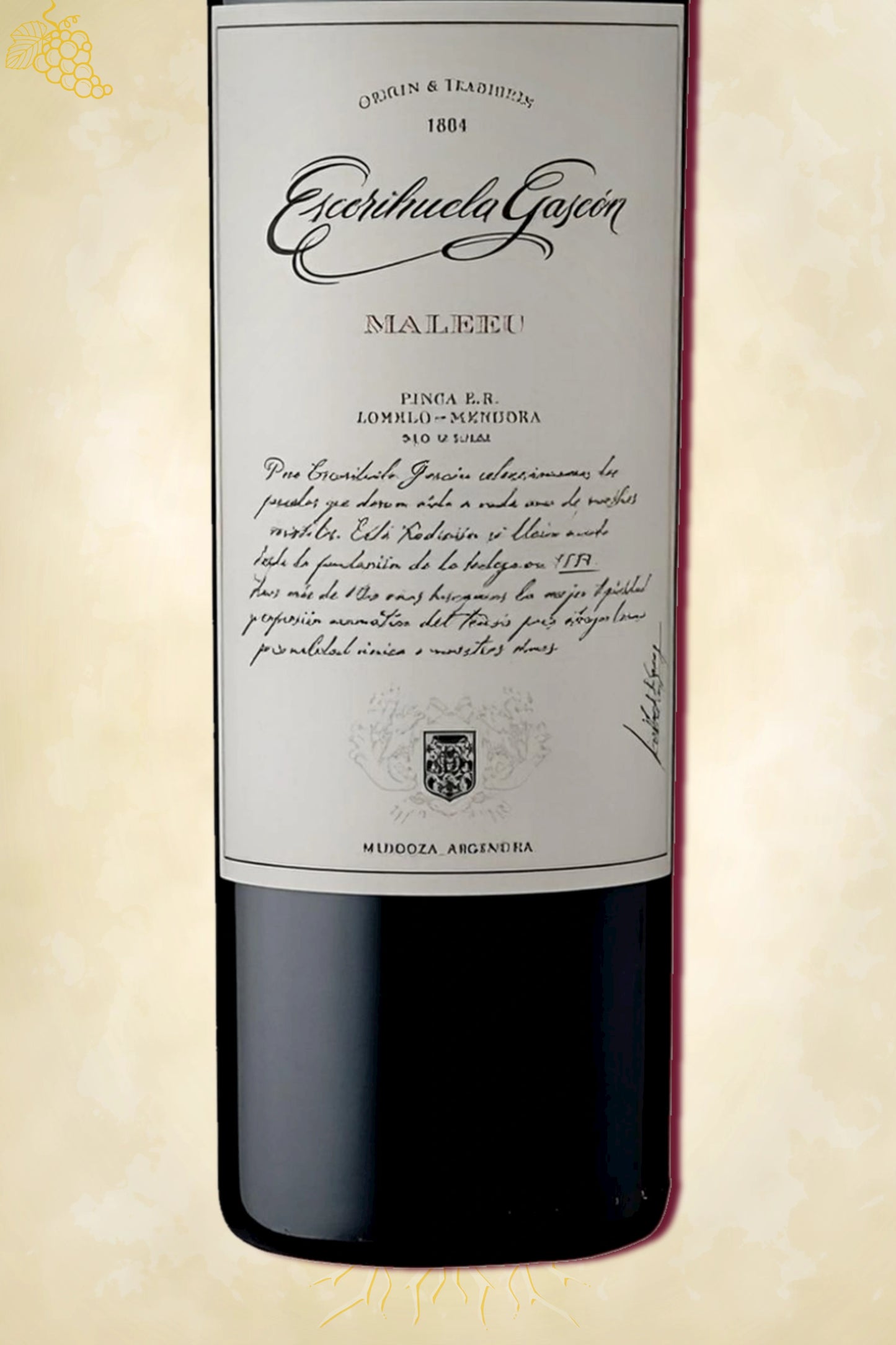 Close-up label Escorihuela Gascón Malbec 2022 – Escorihuela logo en vintage details