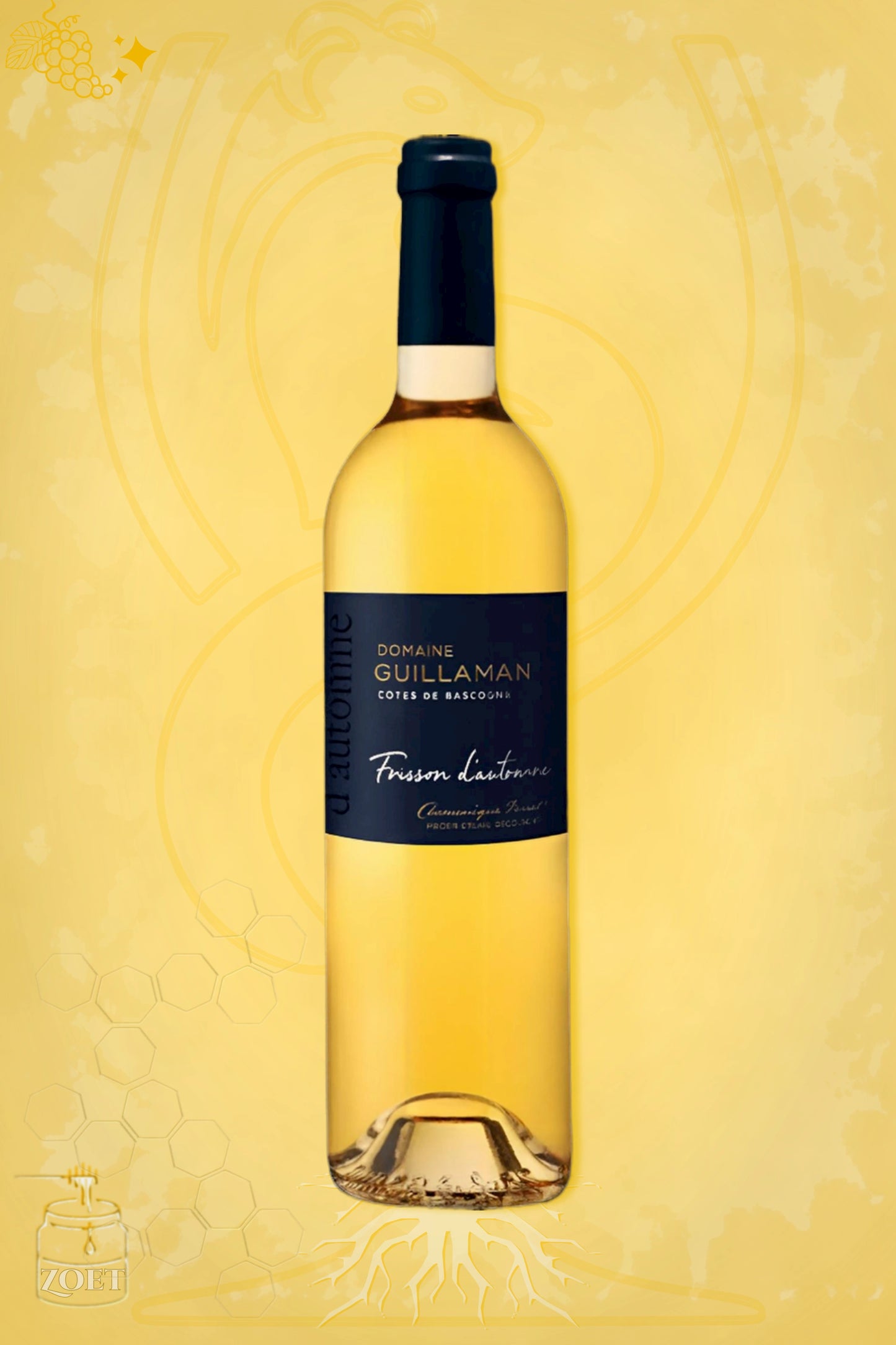 Frisson d'Automne 2023 tegen goudgele achtergrond – halfzoete witte wijn