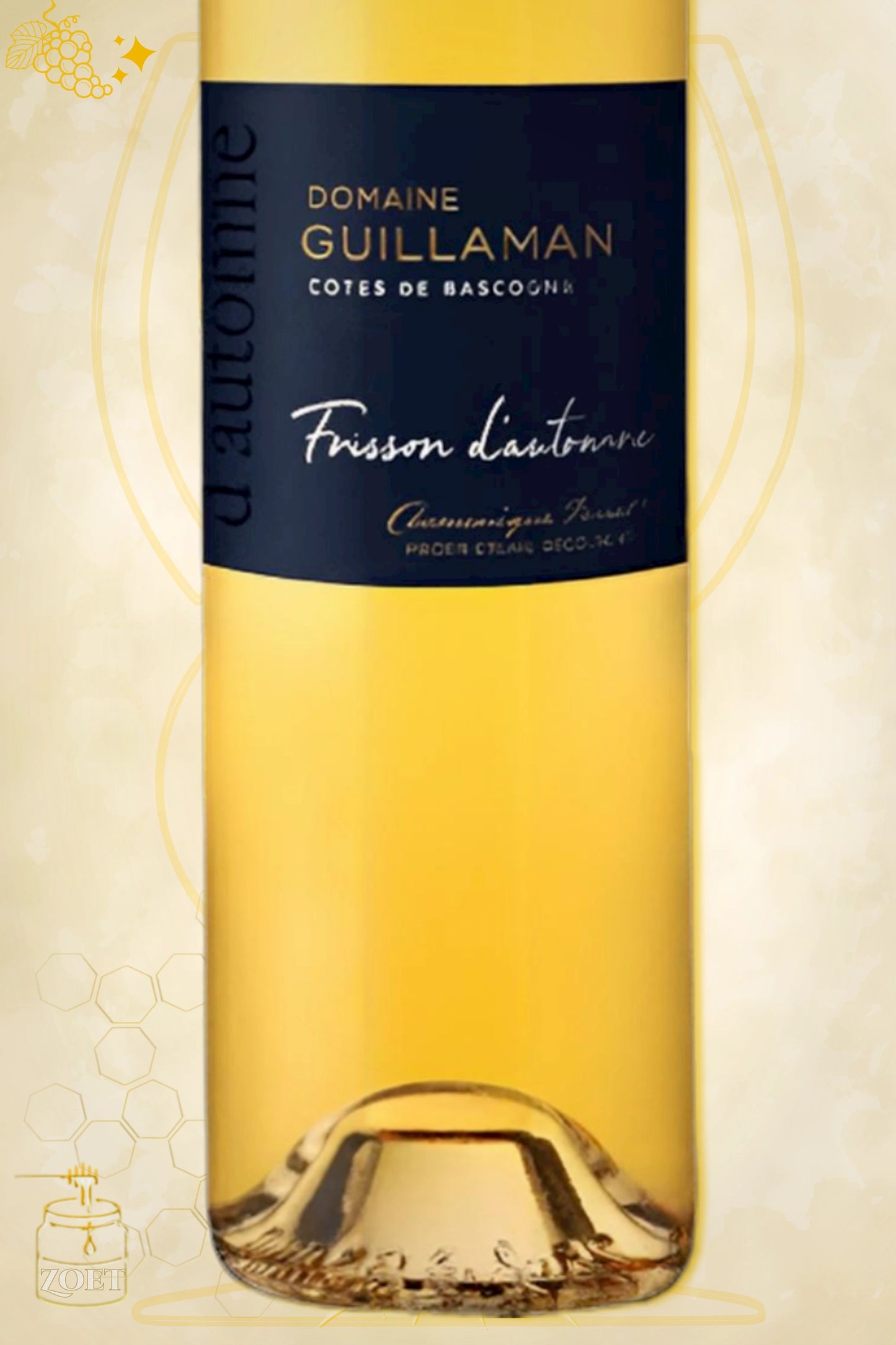 Close-up label Frisson d'Automne 2023 – Domaine de Guillaman logo en vintage details