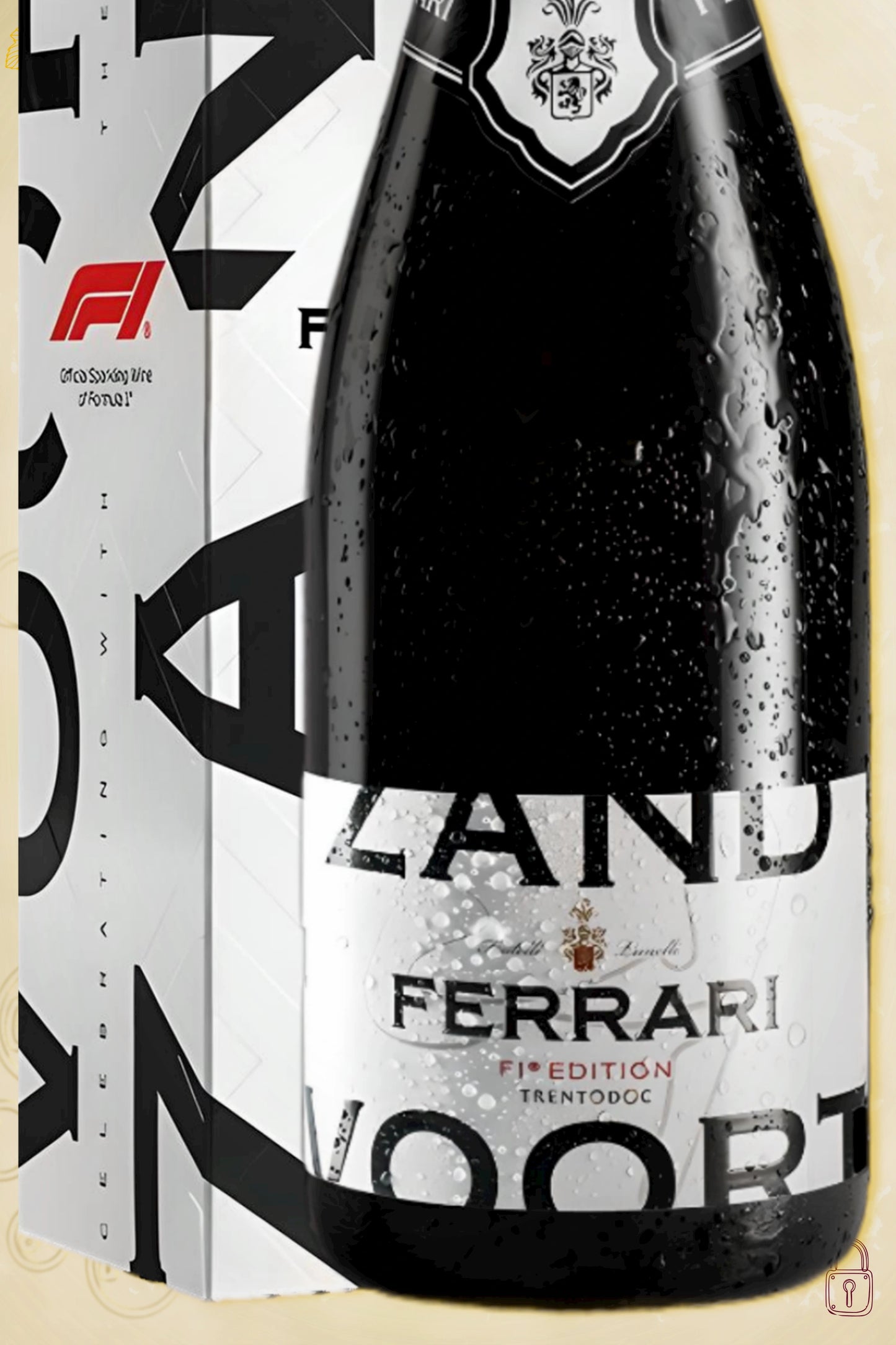 Close-up label Ferrari F1 Zandvoort Brut NV - Ferrari logo en F1-details