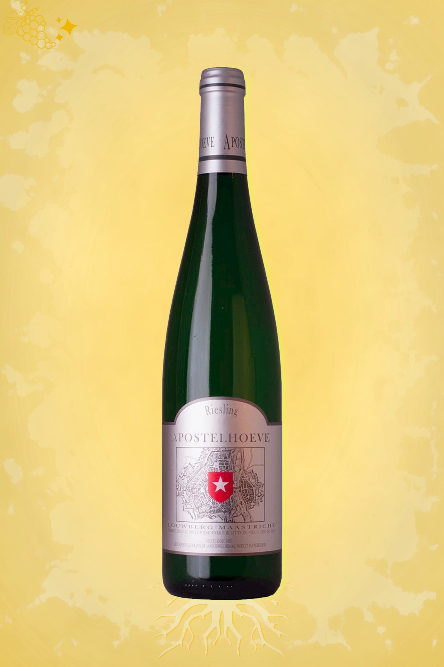 Apostelhoeve Riesling 2023 tegen gouden achtergrond – frisse Limburgse witte wijn