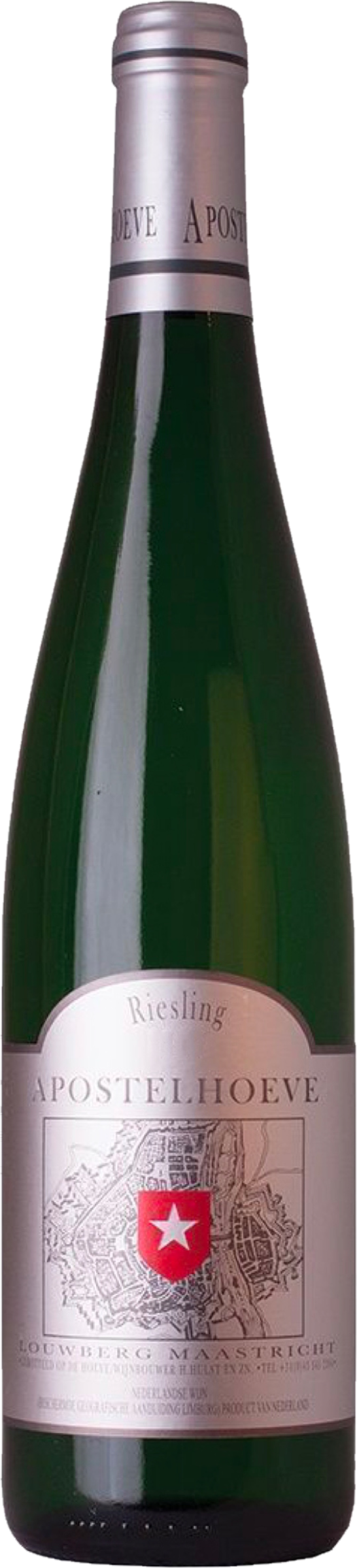 Apostelhoeve Riesling 2023 tegen gouden achtergrond – frisse Limburgse witte wijn