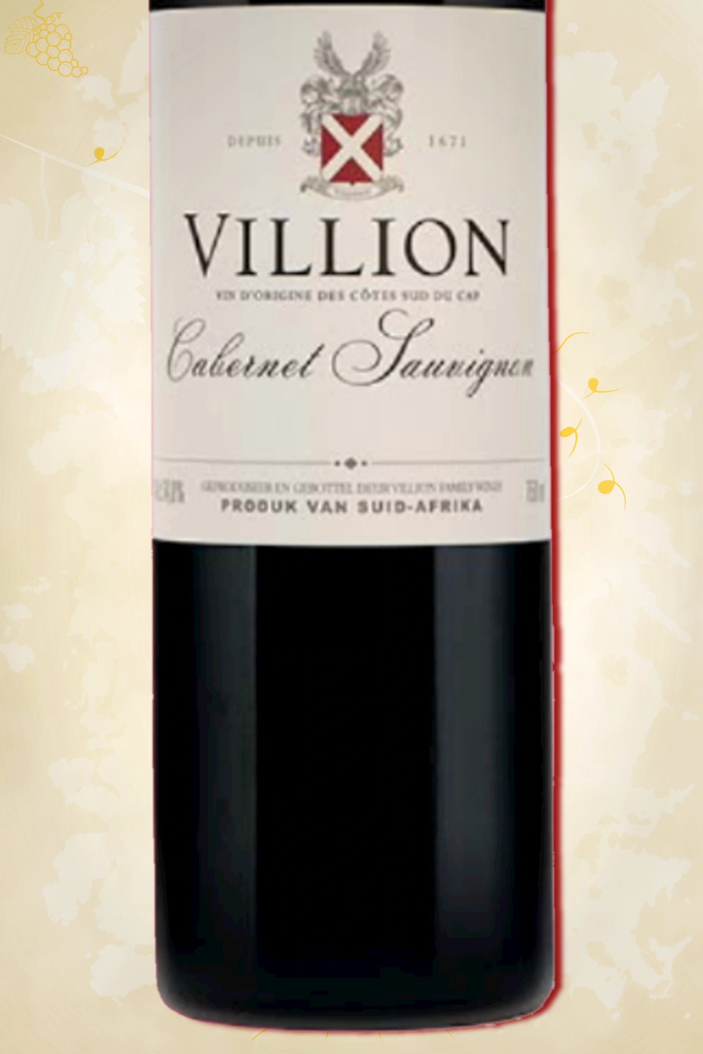 Close-up label Villion Family Wines Cabernet Sauvignon 2021 Magnum – Villion-logo en jaartal duidelijk zichtbaar