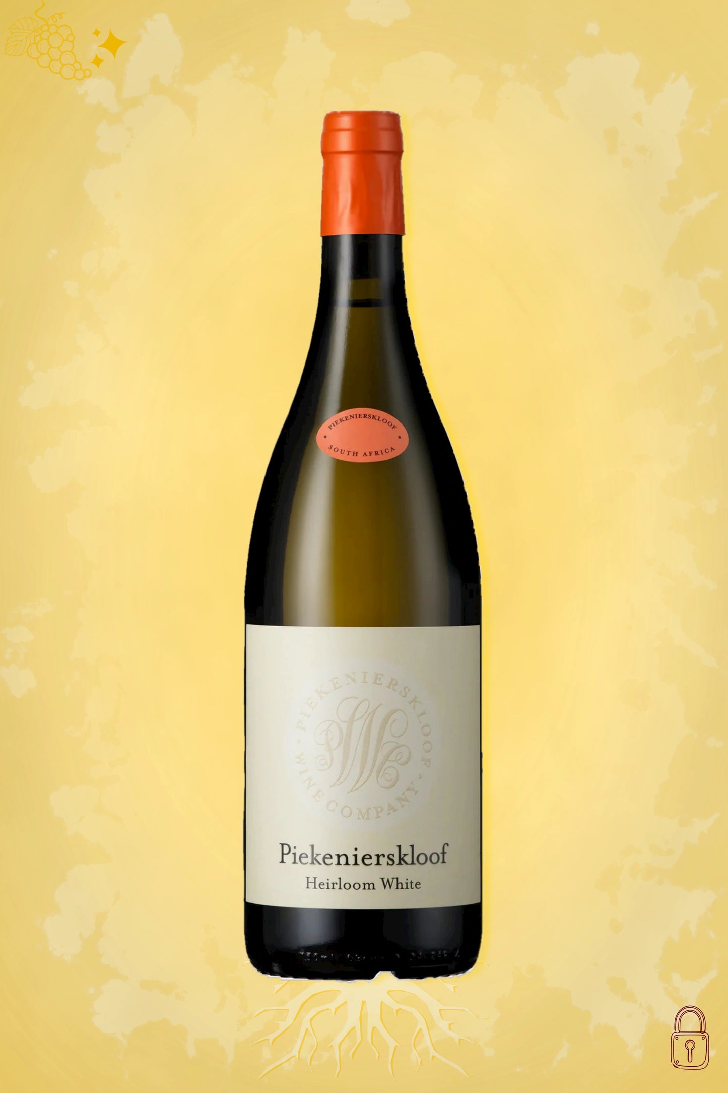 Piekenierskloof Heirloom Blanc 2023 tegen gouden achtergrond – premium witte wijnpresentatie