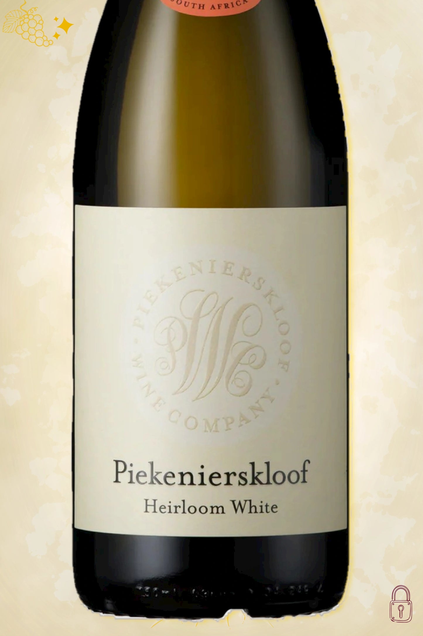 Close-up label Piekenierskloof Heirloom Blanc 2023 – Piekenierskloof logo en details zichtbaar
