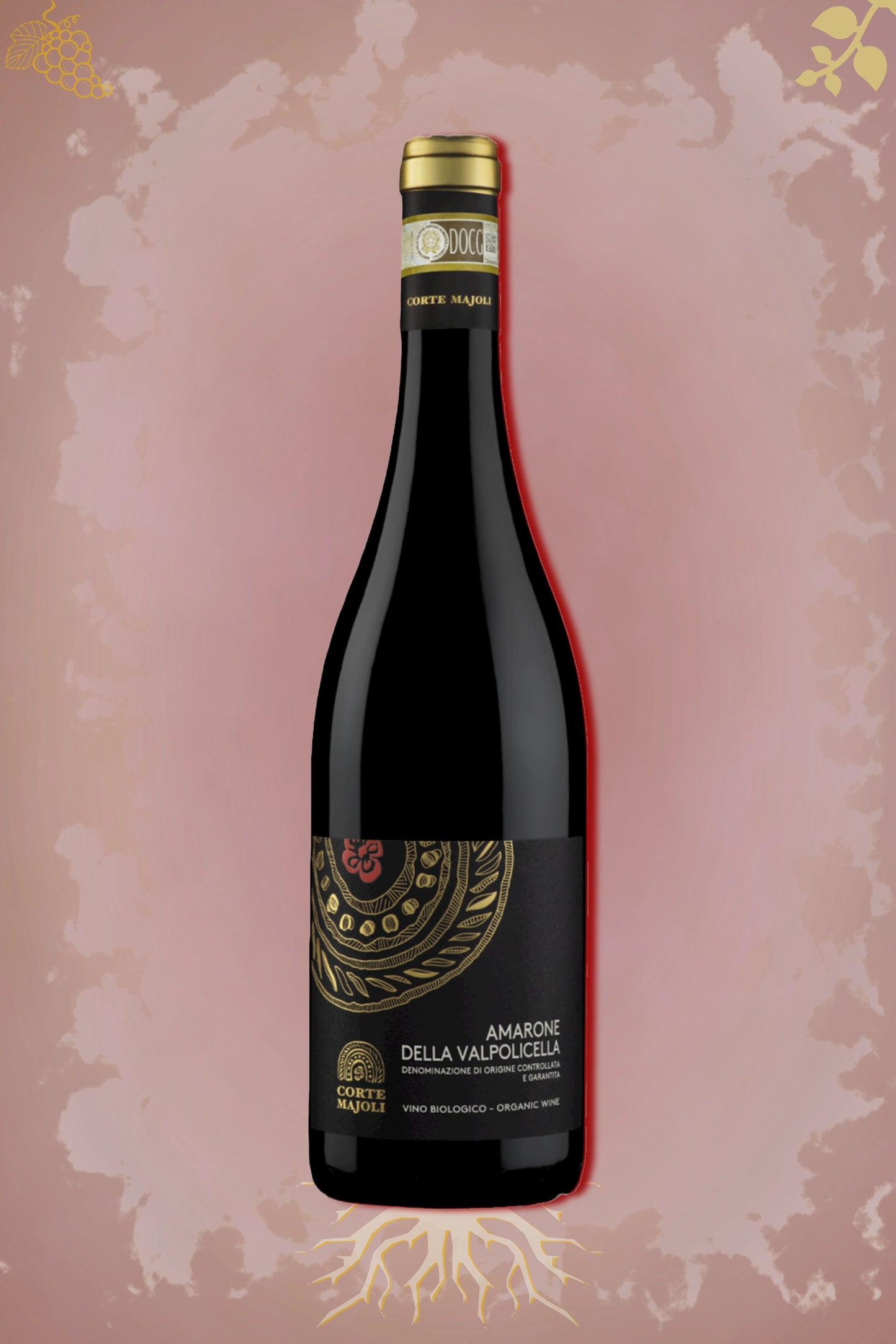 Corte Majoli Amarone della Valpolicella 2020 tegen bordeaux achtergrond – premium rode wijn