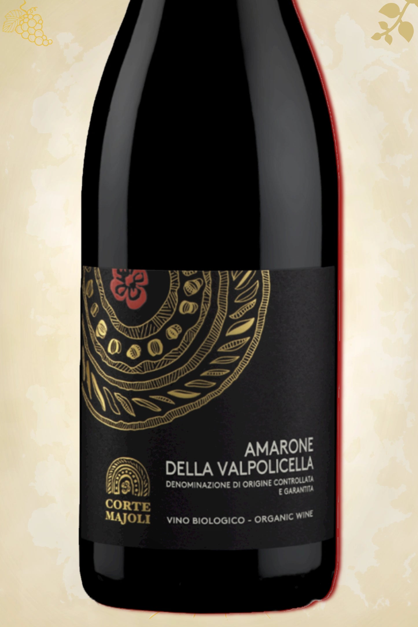 Close-up label Corte Majoli Amarone della Valpolicella 2020 – Tezza logo en vintage details zichtbaar