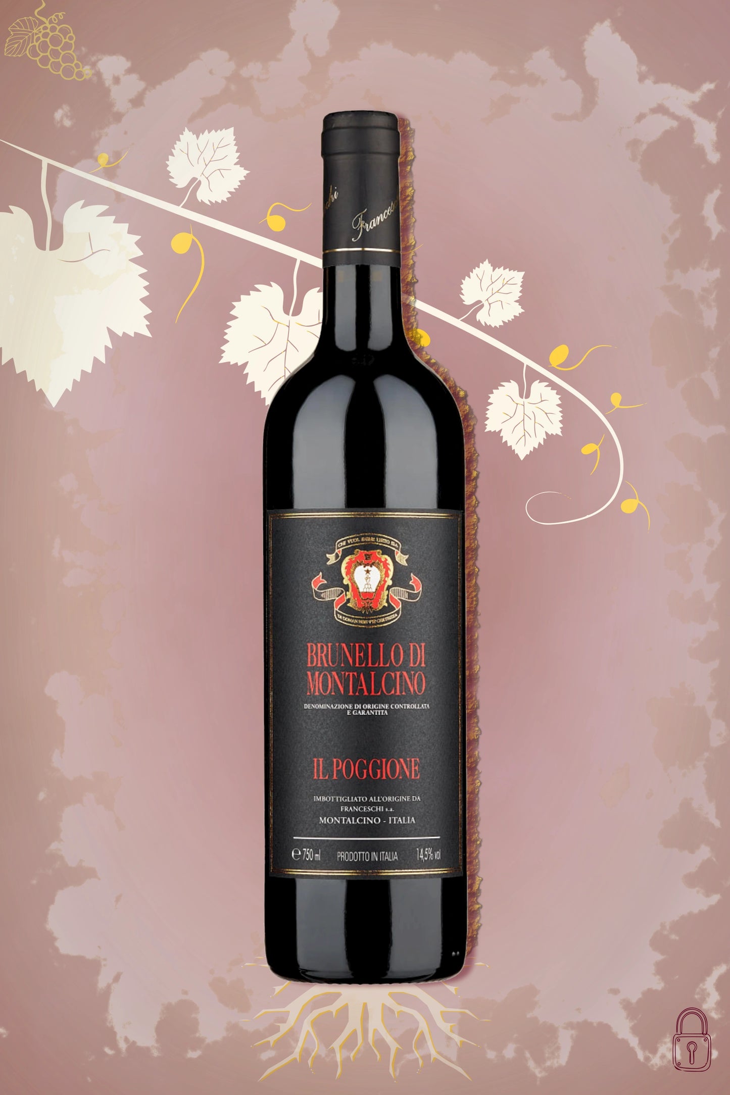 Il Poggione Brunello di Montalcino 2019 tegen bordeaux achtergrond – premium rode wijn