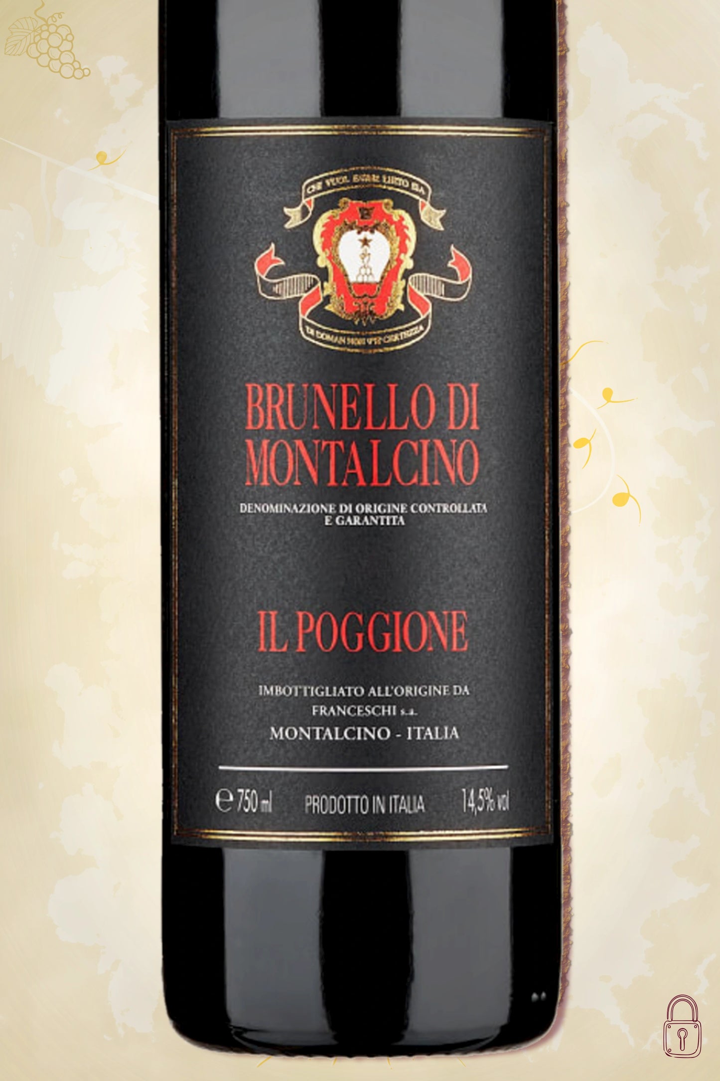 Close-up label Il Poggione Brunello di Montalcino 2019 – Tenuta Il Poggione logo en vintage details