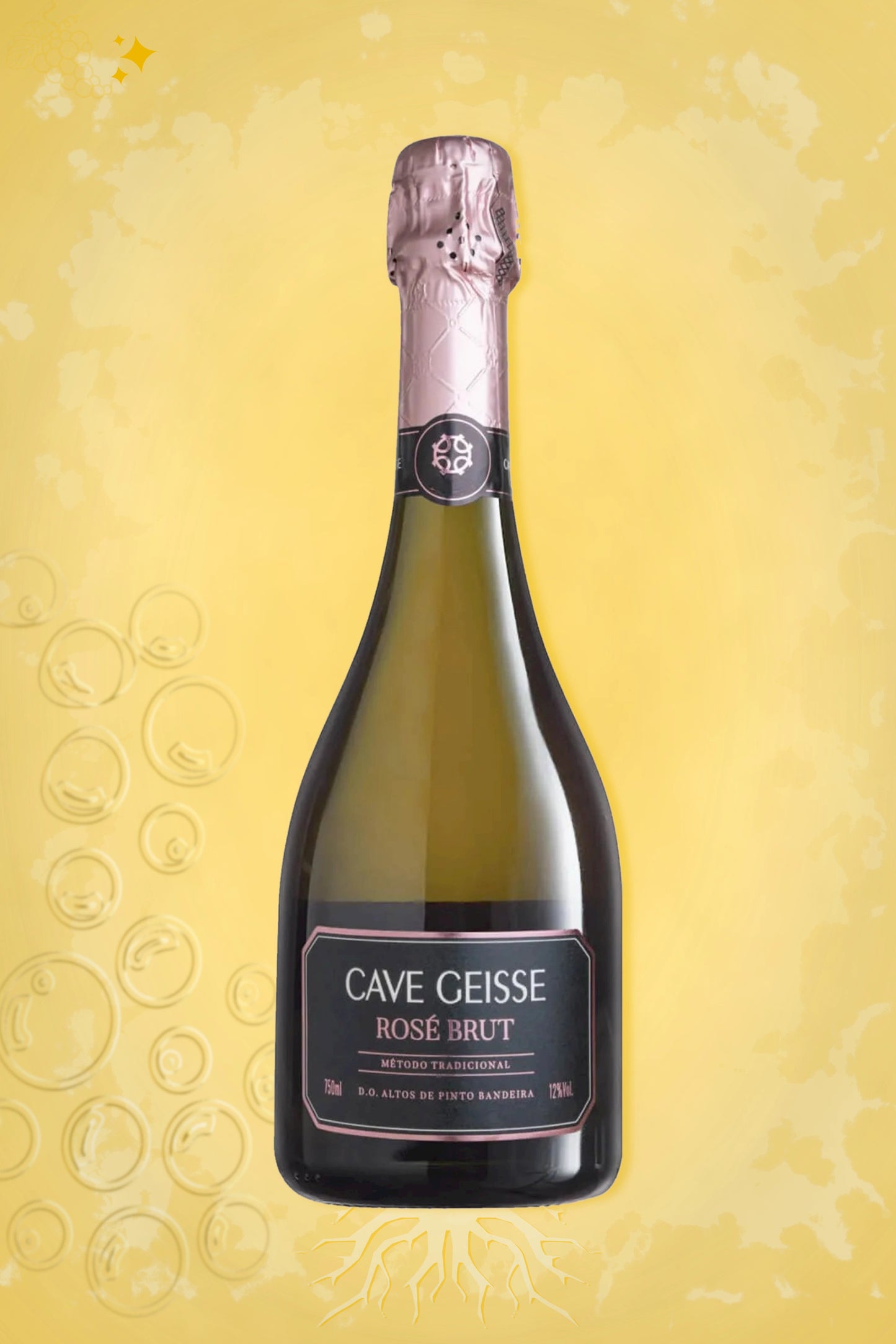 Fles Cave Geisse Brut Rosé 2022 mousserende rosé op tafel met glazen