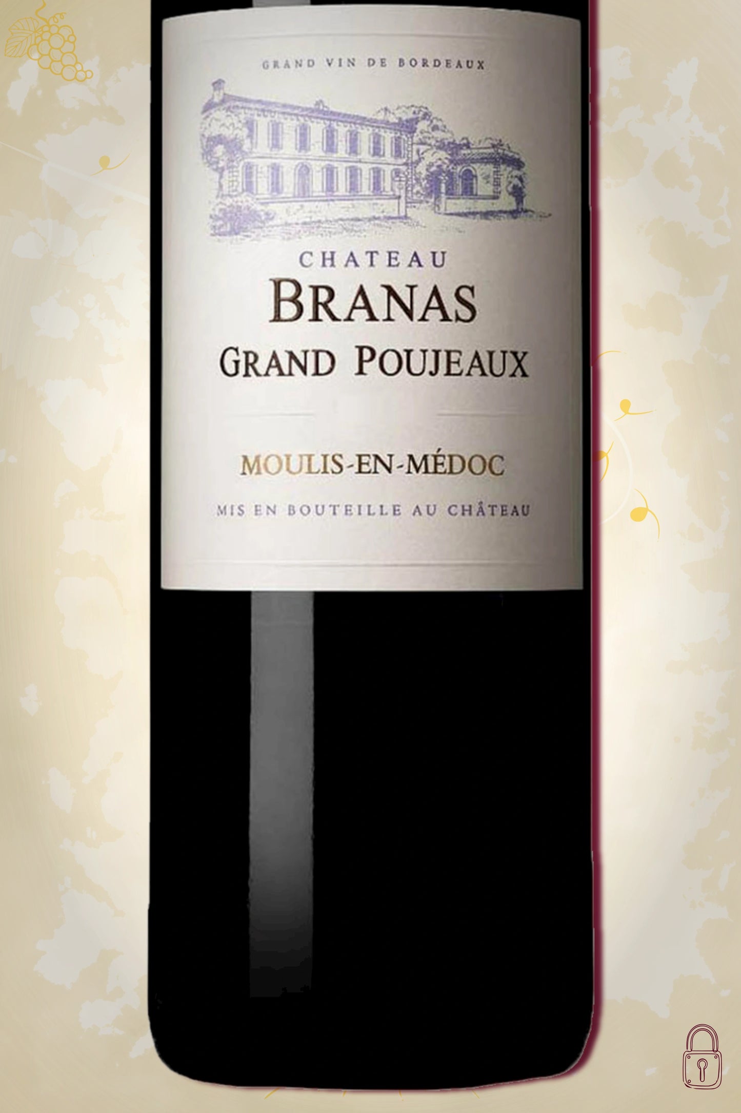 Close-up label Château Branas Grand Poujeaux 2022 – OWC château details zichtbaar