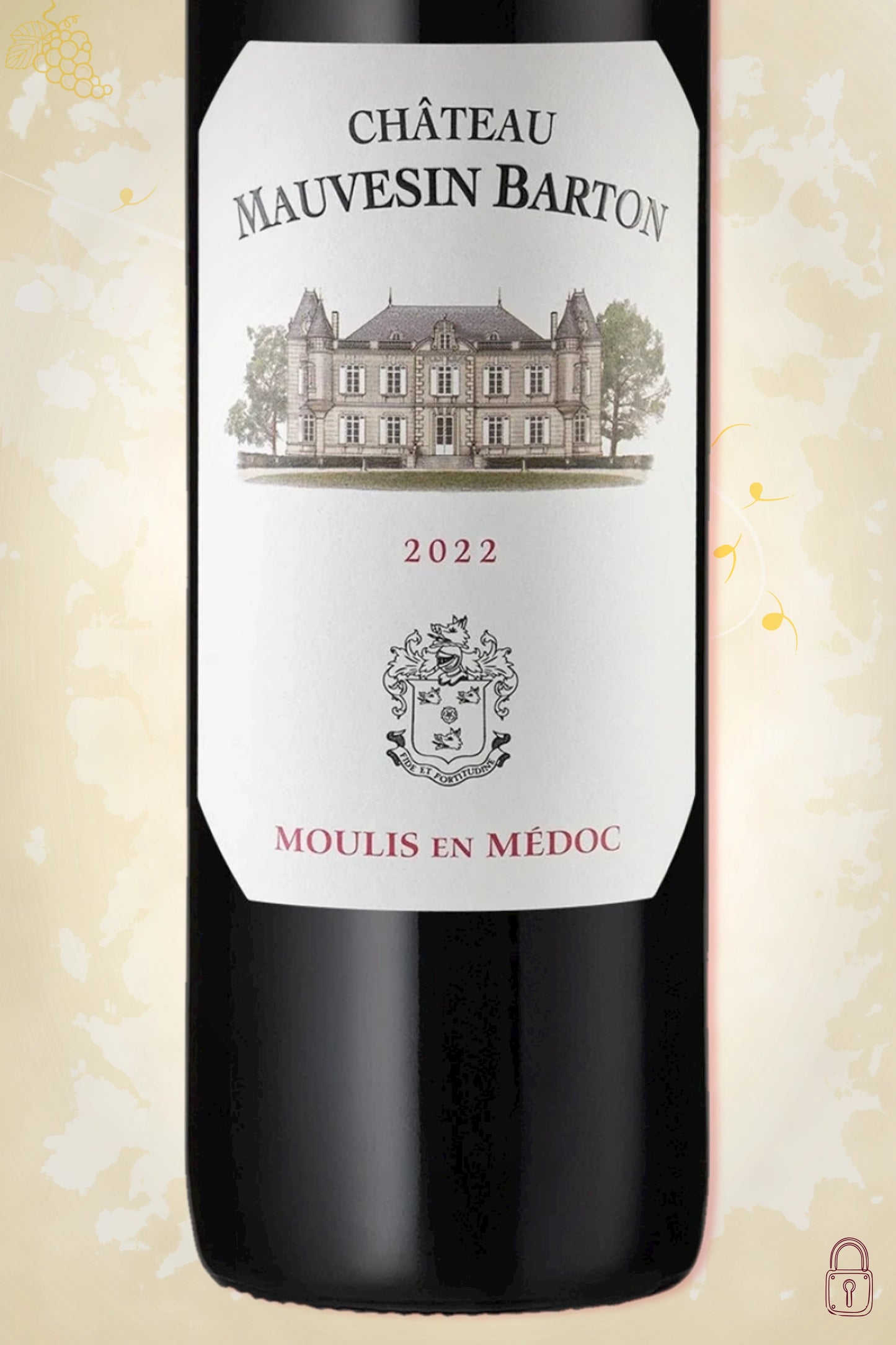 Bordeauxrode wijn met structuur en zwarte fruitaroma’s, krachtige stijl uit de Médoc, gefotografeerd in klassieke Franse setting.