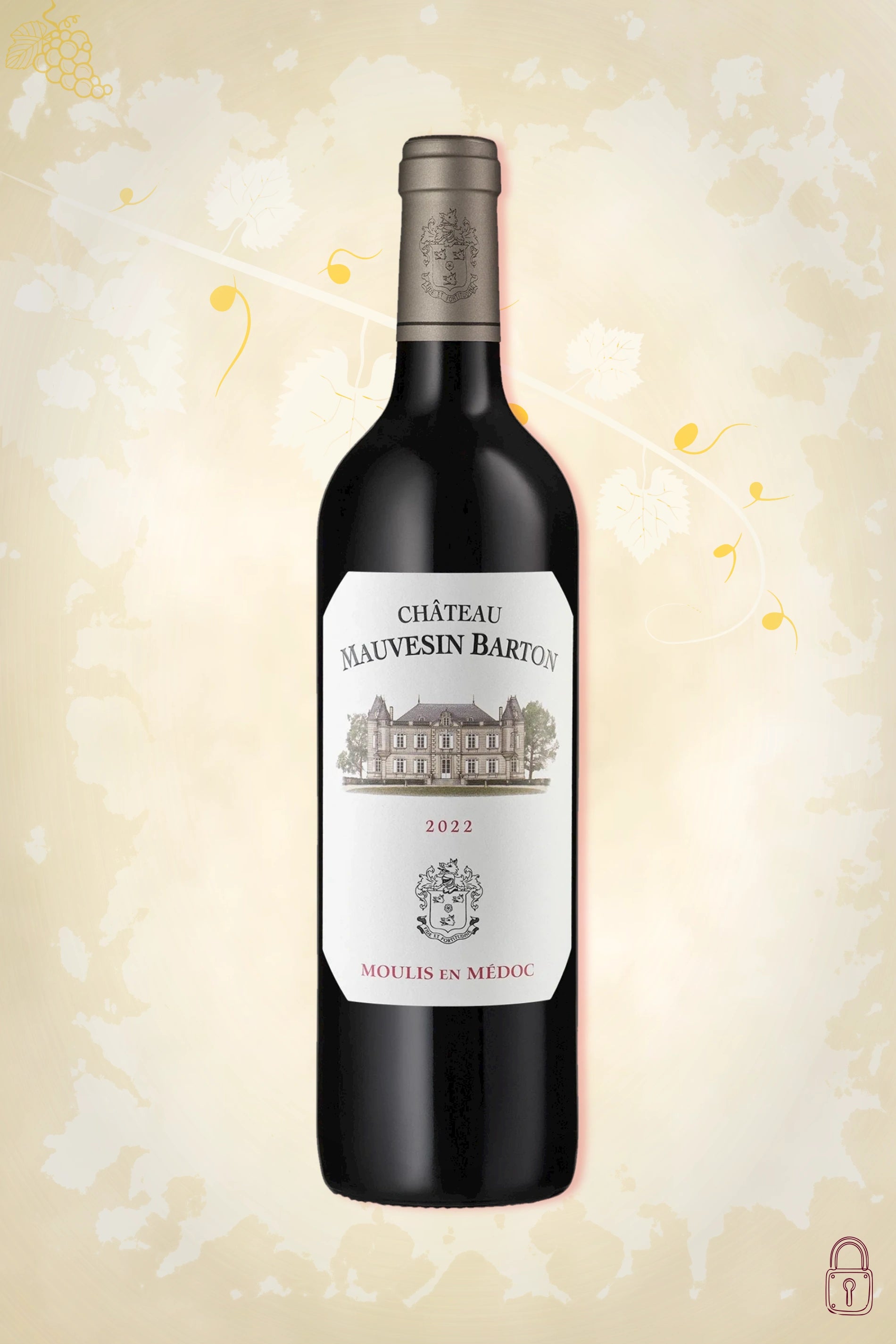 Fles krachtige rode wijn uit Moulis-en-Médoc in Bordeaux-stijl met diepe robijnkleur en elegante houtinvloed, ideaal voor bij rood vlees.