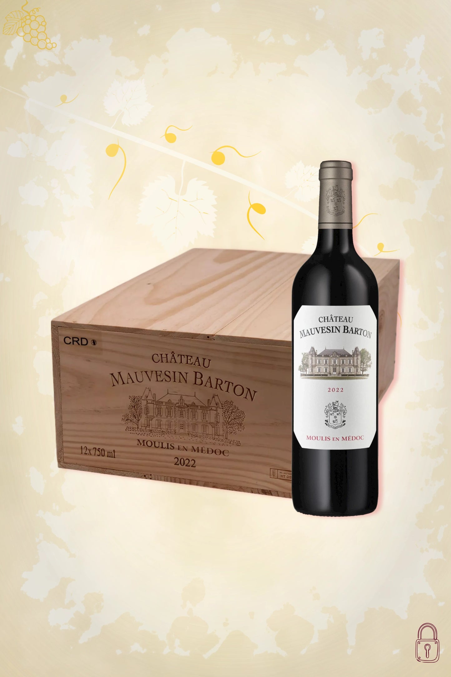 Fles krachtige rode wijn uit Moulis-en-Médoc in Bordeaux-stijl met diepe robijnkleur en elegante houtinvloed, ideaal voor bij rood vlees.
