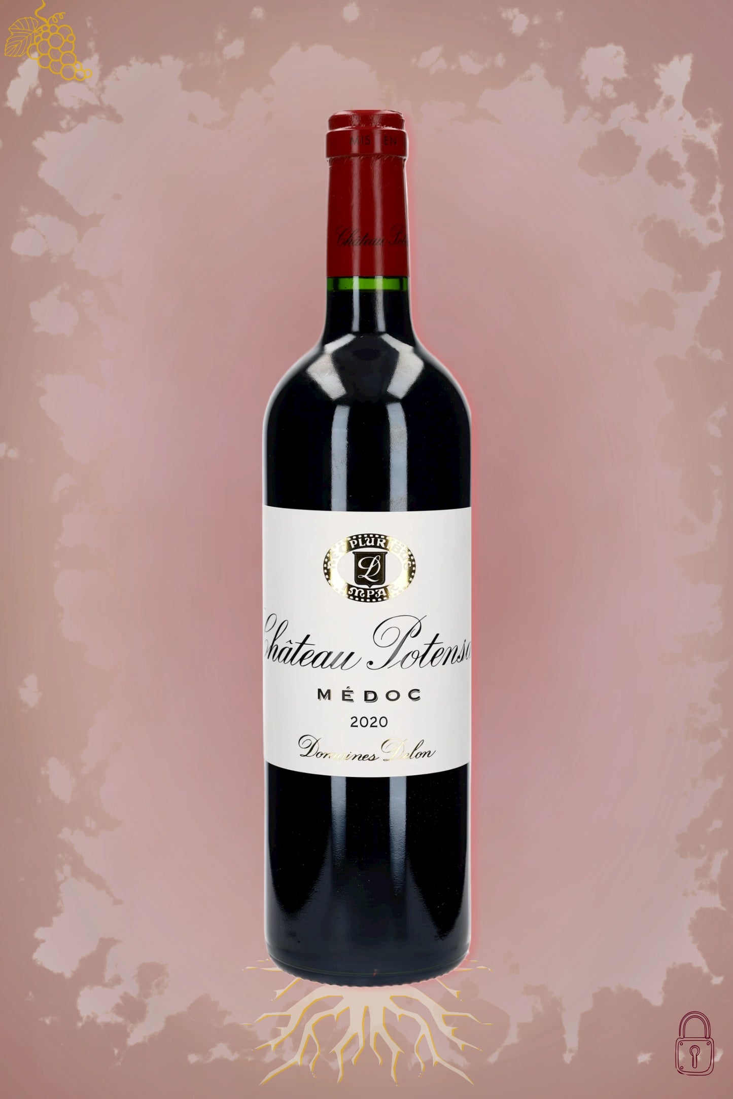 Château Potensac 2020 tegen bordeaux achtergrond – klassieke Médoc rode wijn