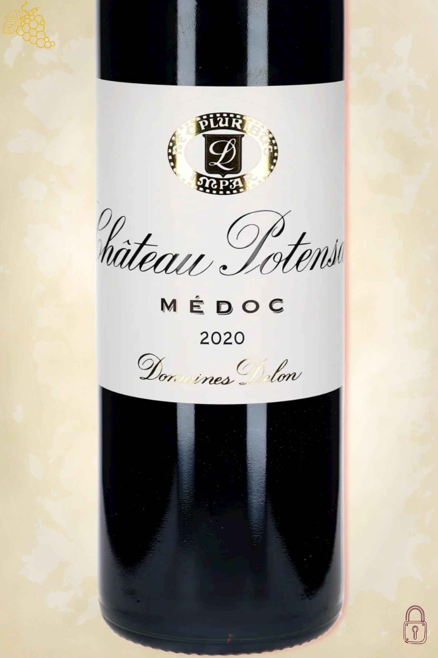 Close-up label Château Potensac 2020 – château en vintage details zichtbaar