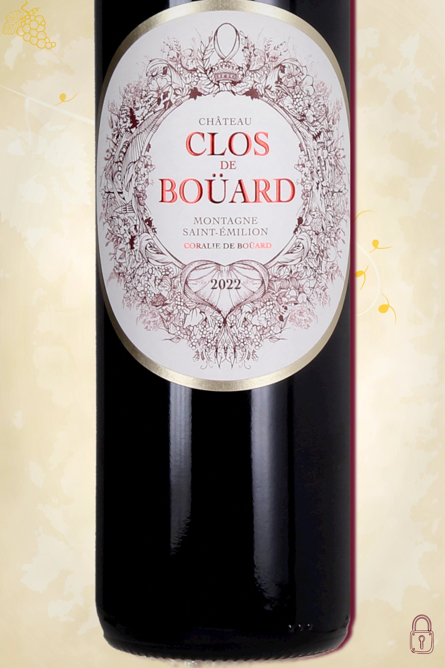 Close-up label Château Clos de Boüard 2022 – château en vintage details zichtbaar