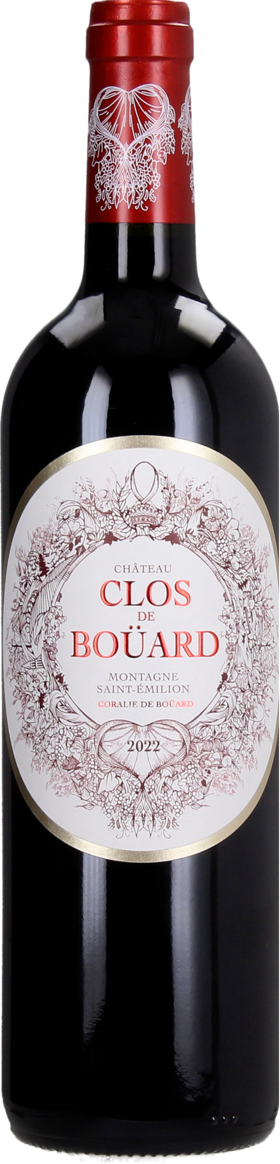 Château Clos de Boüard 2022 tegen bordeaux achtergrond – premium Bordeaux rode wijn