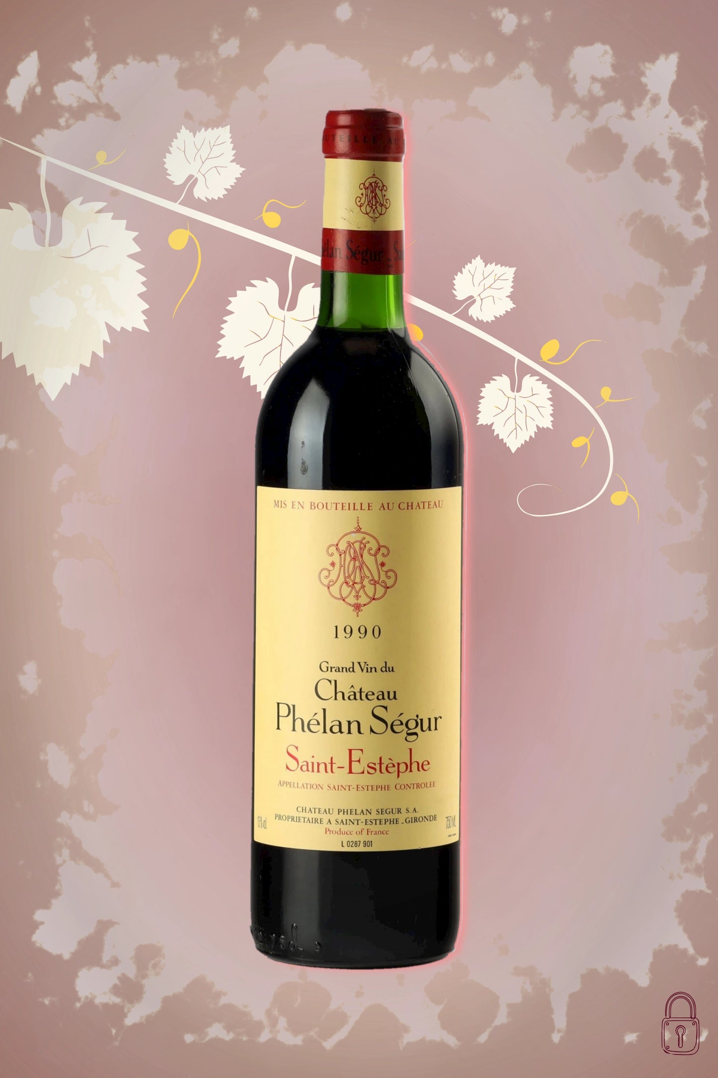 Château Phélan Ségur 1990 tegen bordeaux achtergrond – premium rode wijn