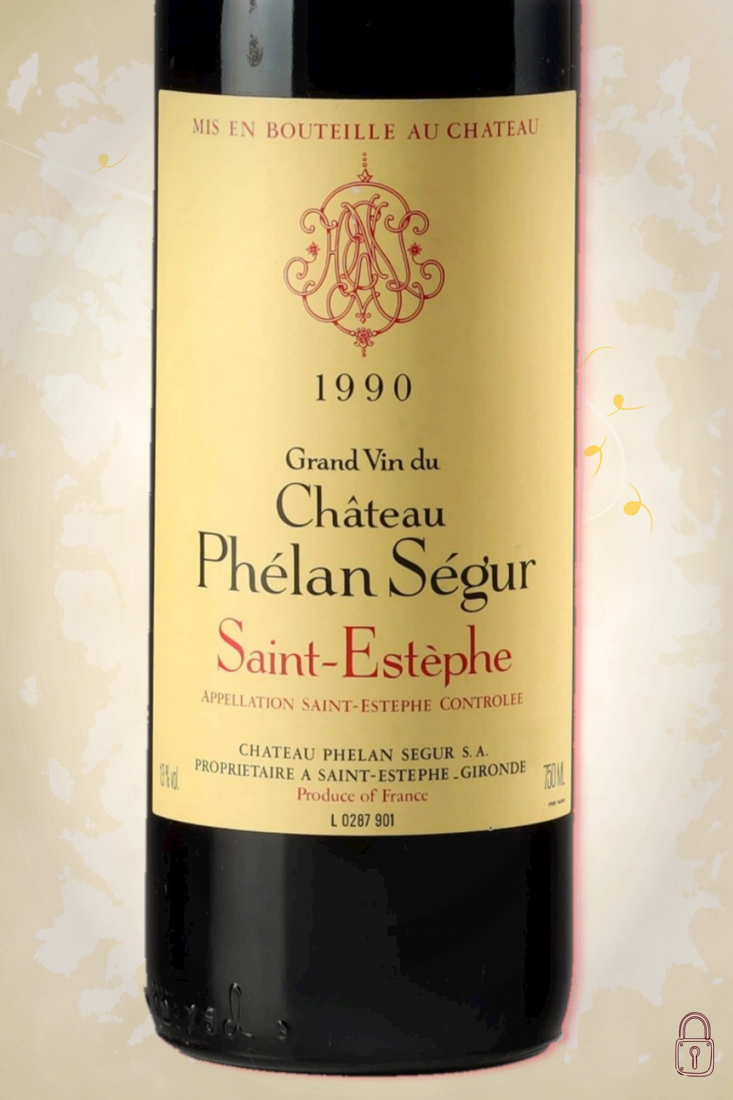 Close-up label Château Phélan Ségur 1990 – detail van producent en vintage
