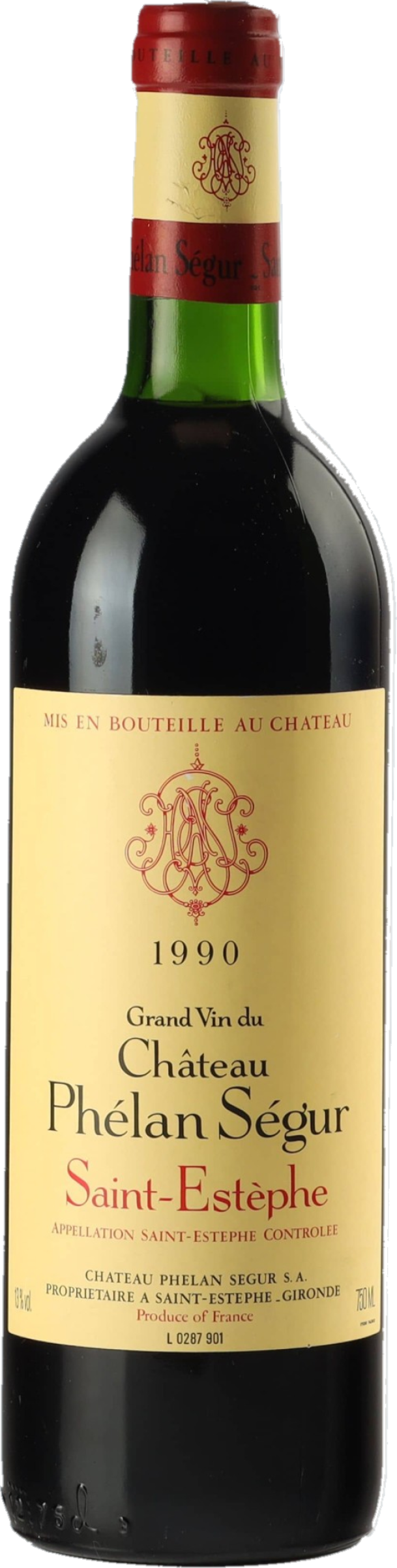 Château Phélan Ségur 1990 tegen bordeaux achtergrond – premium rode wijn