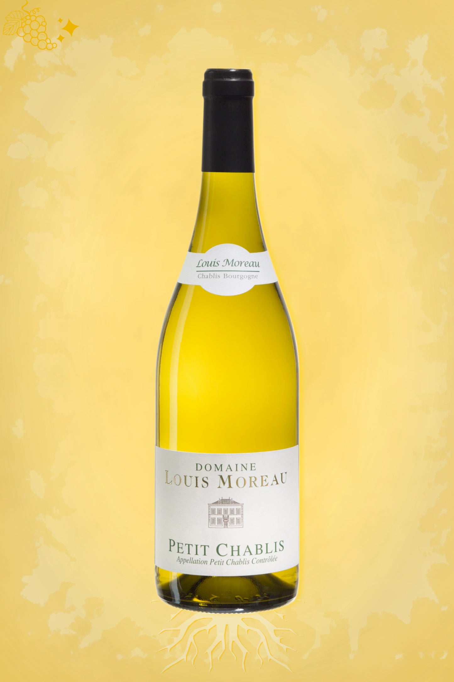 Louis Moreau Petit Chablis 2024 tegen gouden achtergrond – premium witte wijn