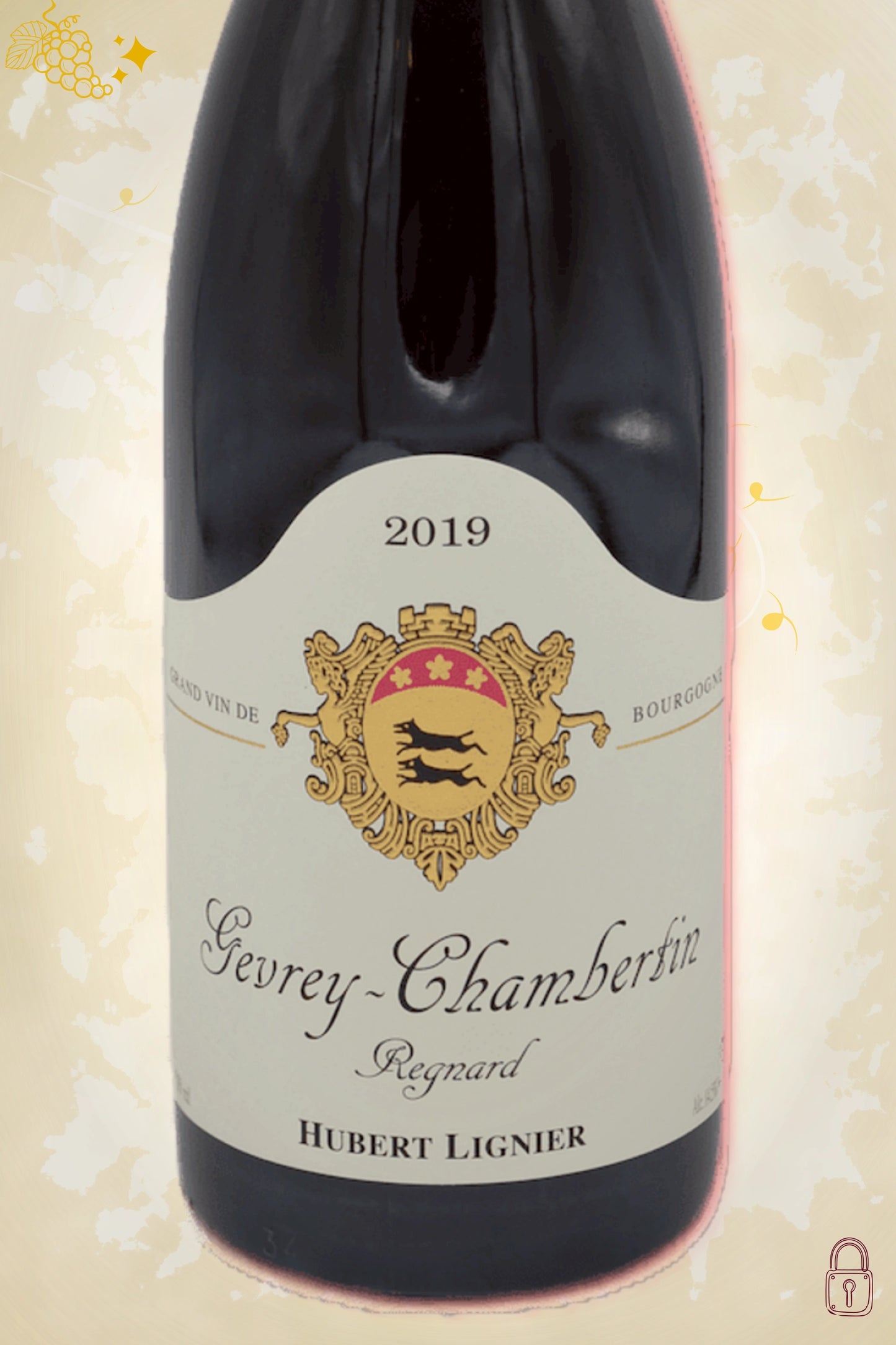 Close-up label Hubert Lignier Gevrey-Chambertin 2019 – producent en vintage details"