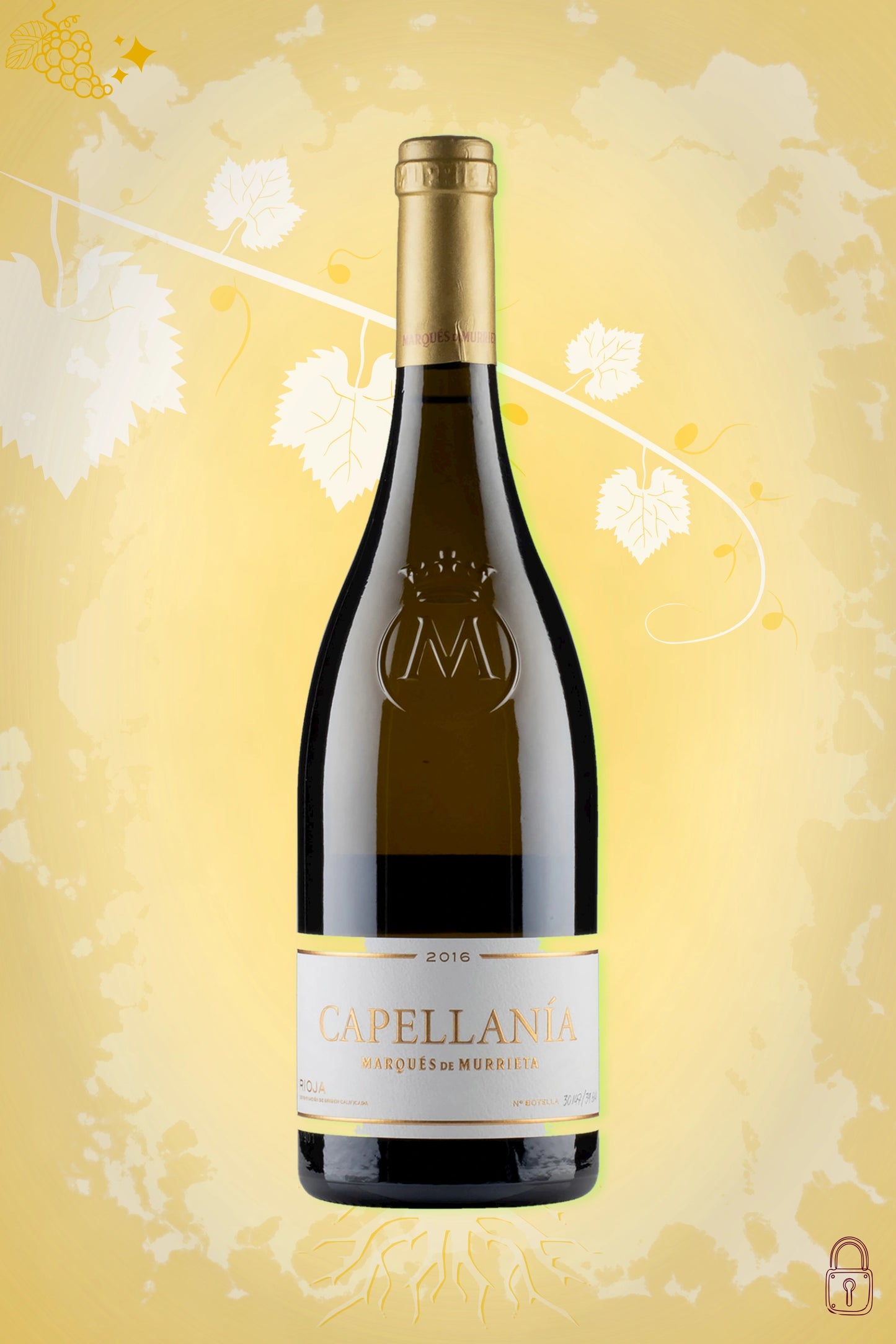 Capellanía Reserva Blanco 2016 tegen gouden achtergrond – premium witte wijn