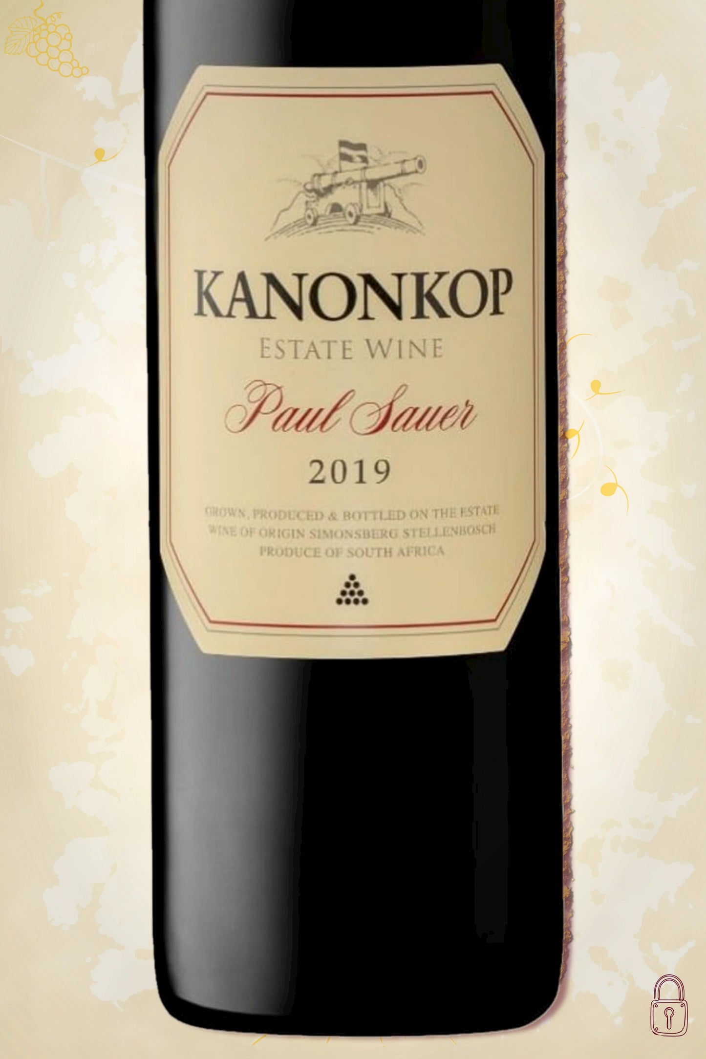 Close-up label Kanonkop Paul Sauer 2019 – logo en vintage details zichtbaar