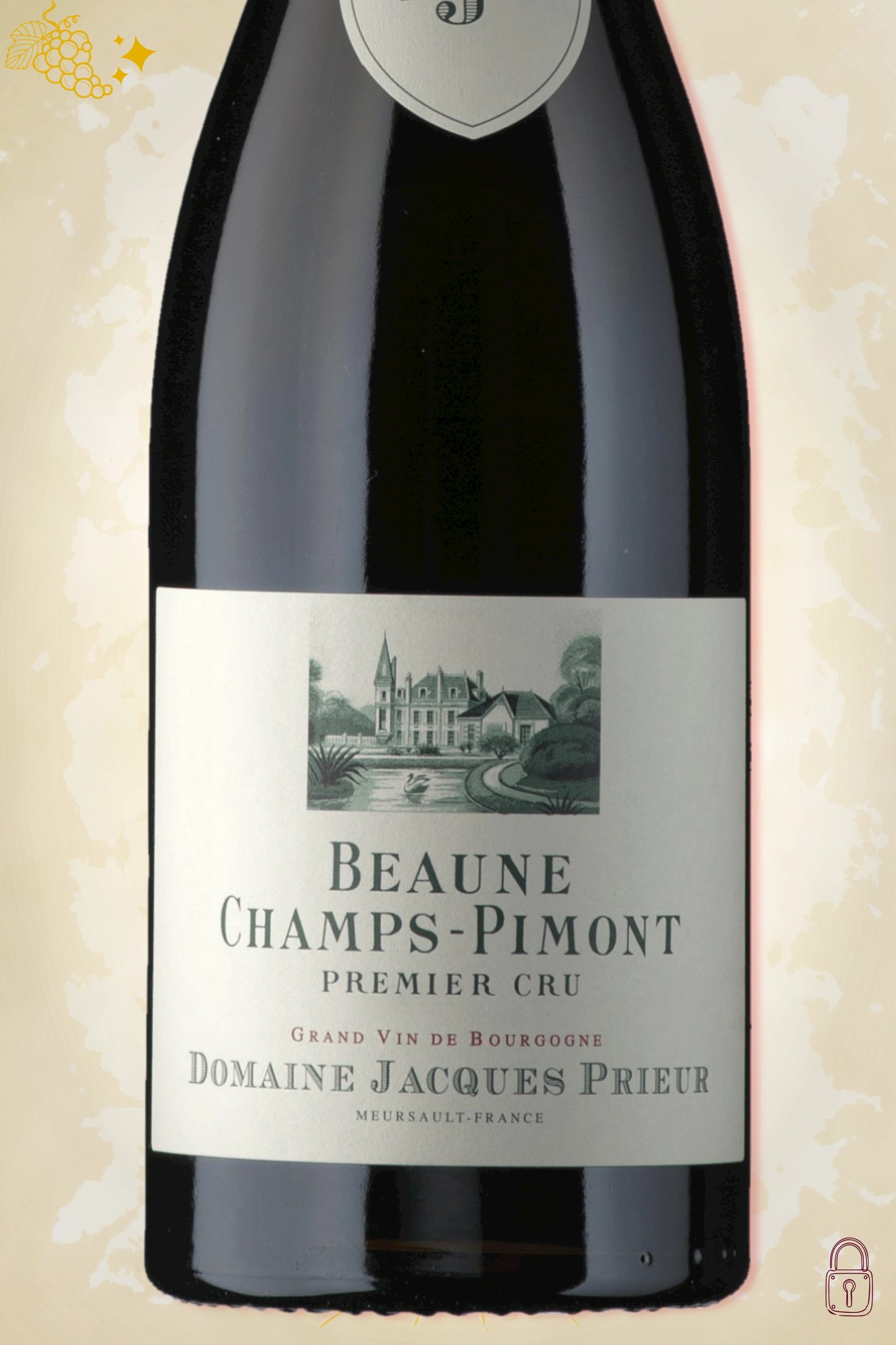 Close-up label Beaune Champs-Pimont 2018 – Domaine Jacques Prieur details zichtbaar