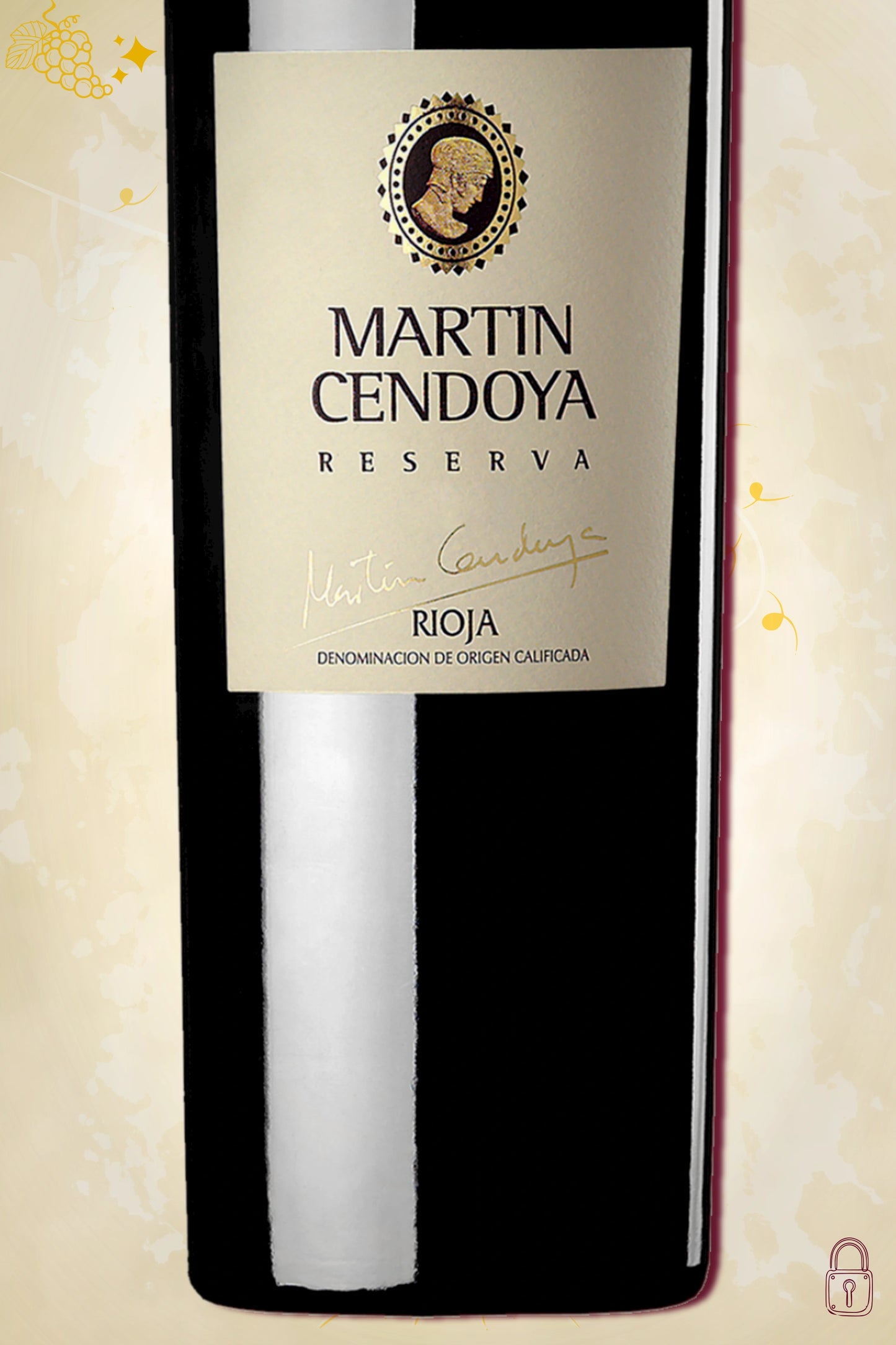 Close-up label Eguren Ugarte Martín Cendoya Reserva 2016 – wijnhuis logo en vintage details