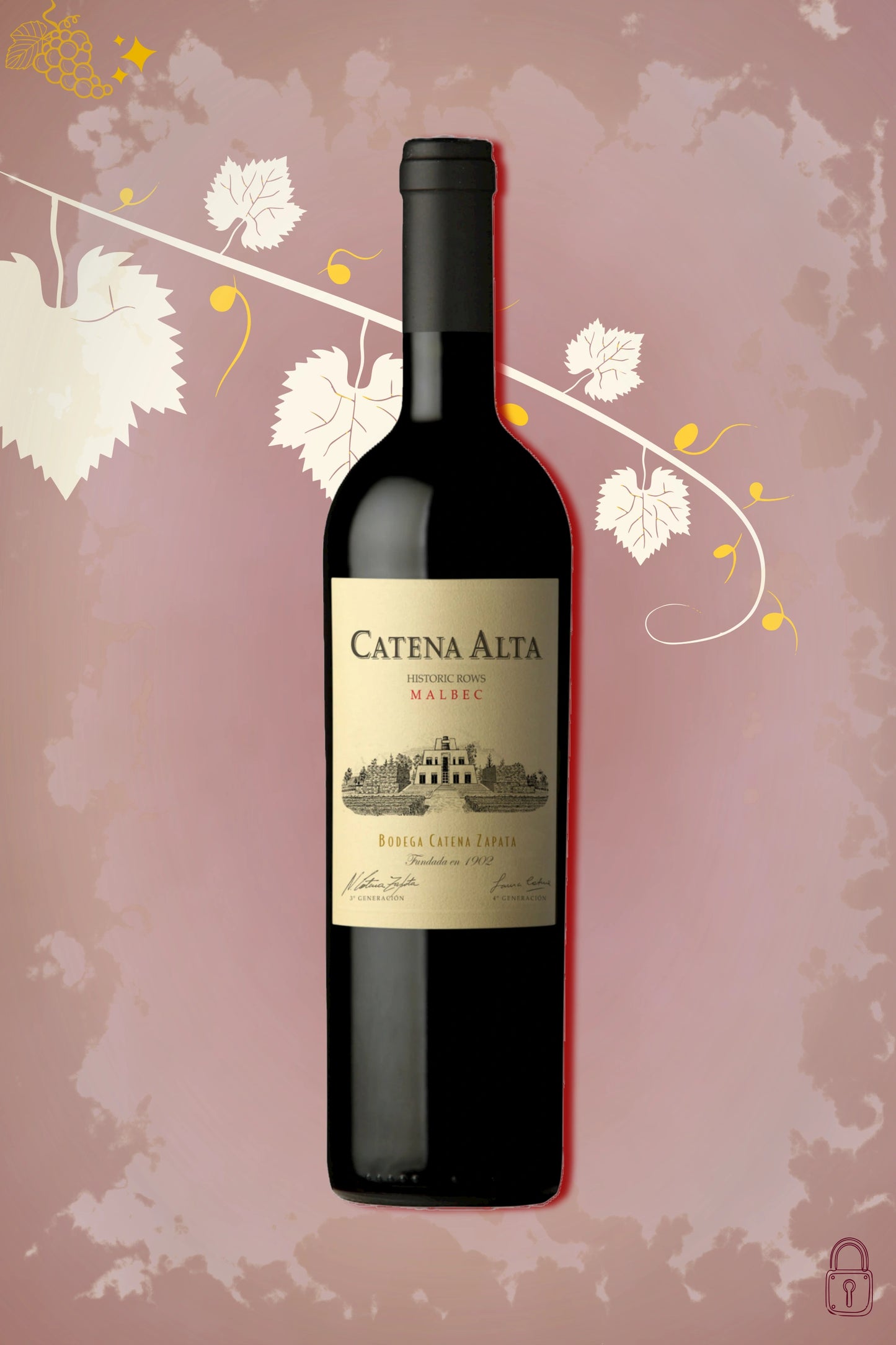 Catena Alta Malbec 2019 tegen bordeaux achtergrond – premium rode wijn