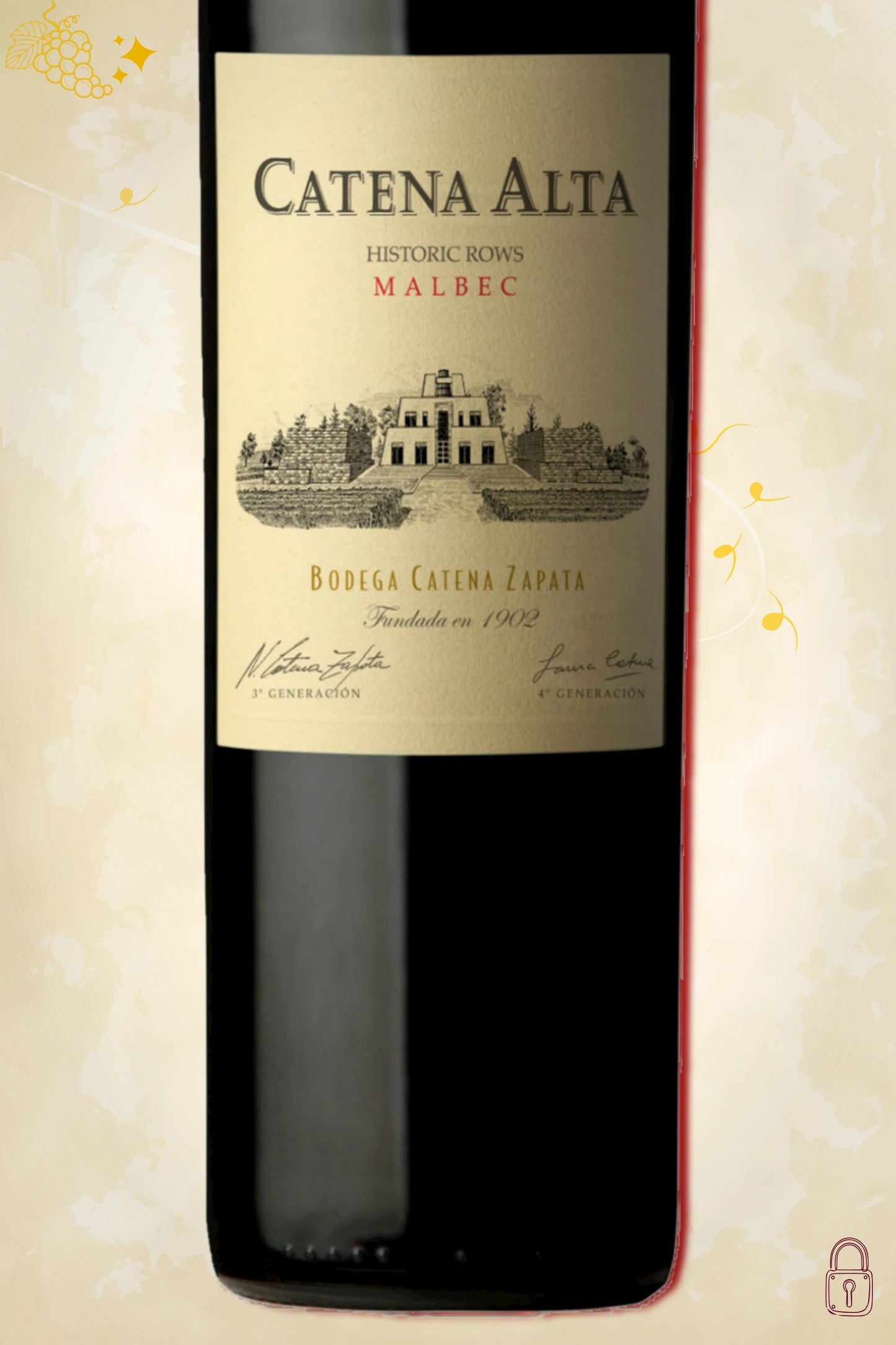 Close-up label Catena Alta Malbec 2019 – Catena Zapata details zichtbaar