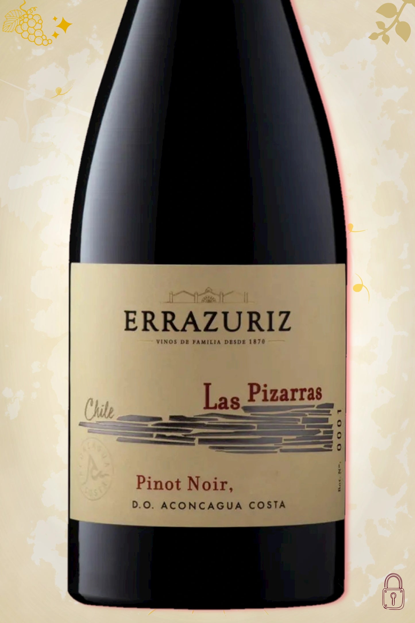 Close-up label Errazuriz Las Pizarras Pinot Noir 2016 – Errazuriz logo en vintage details"