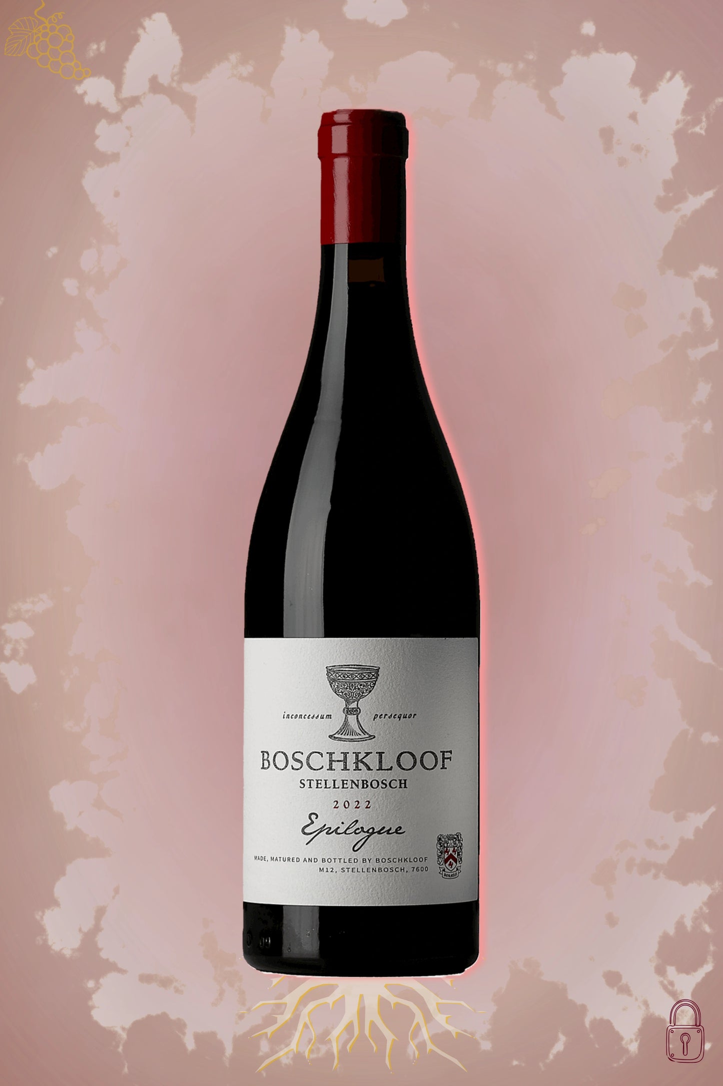 Fles Boschkloof Epilogue 2022 rode wijn uit Zuid-Afrika op bordeauxrode achtergrond.