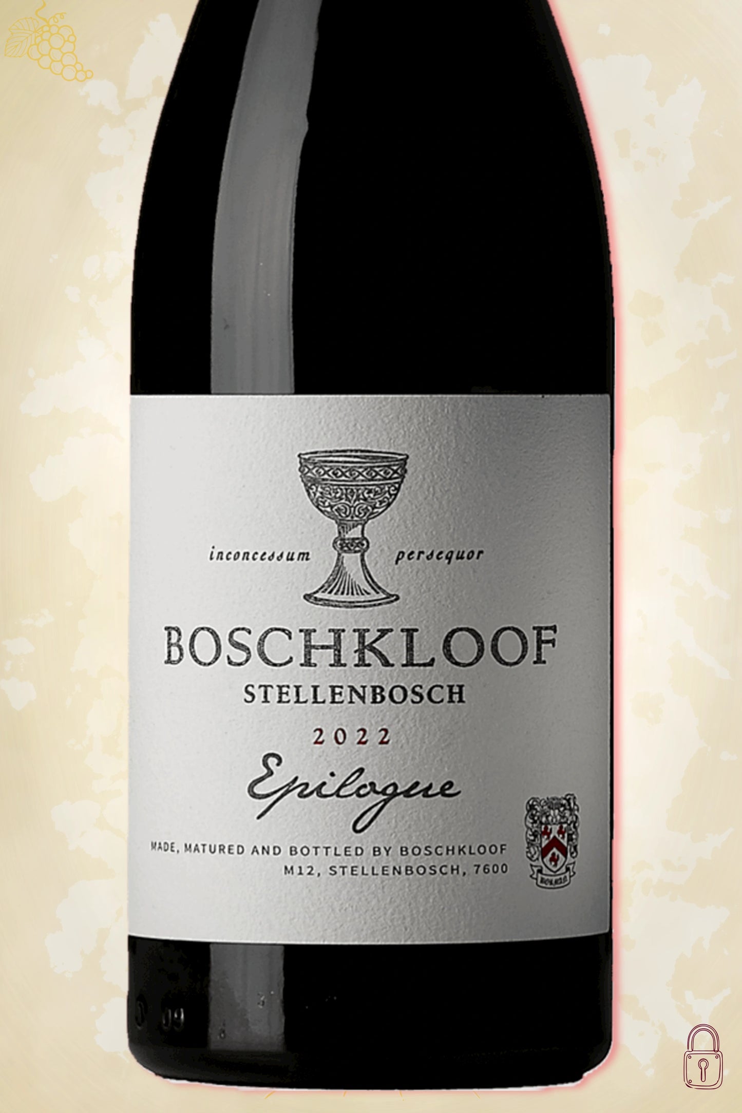 Close-up label Boschkloof Epilogue Syrah 2022 – Boschkloof logo en vintage details