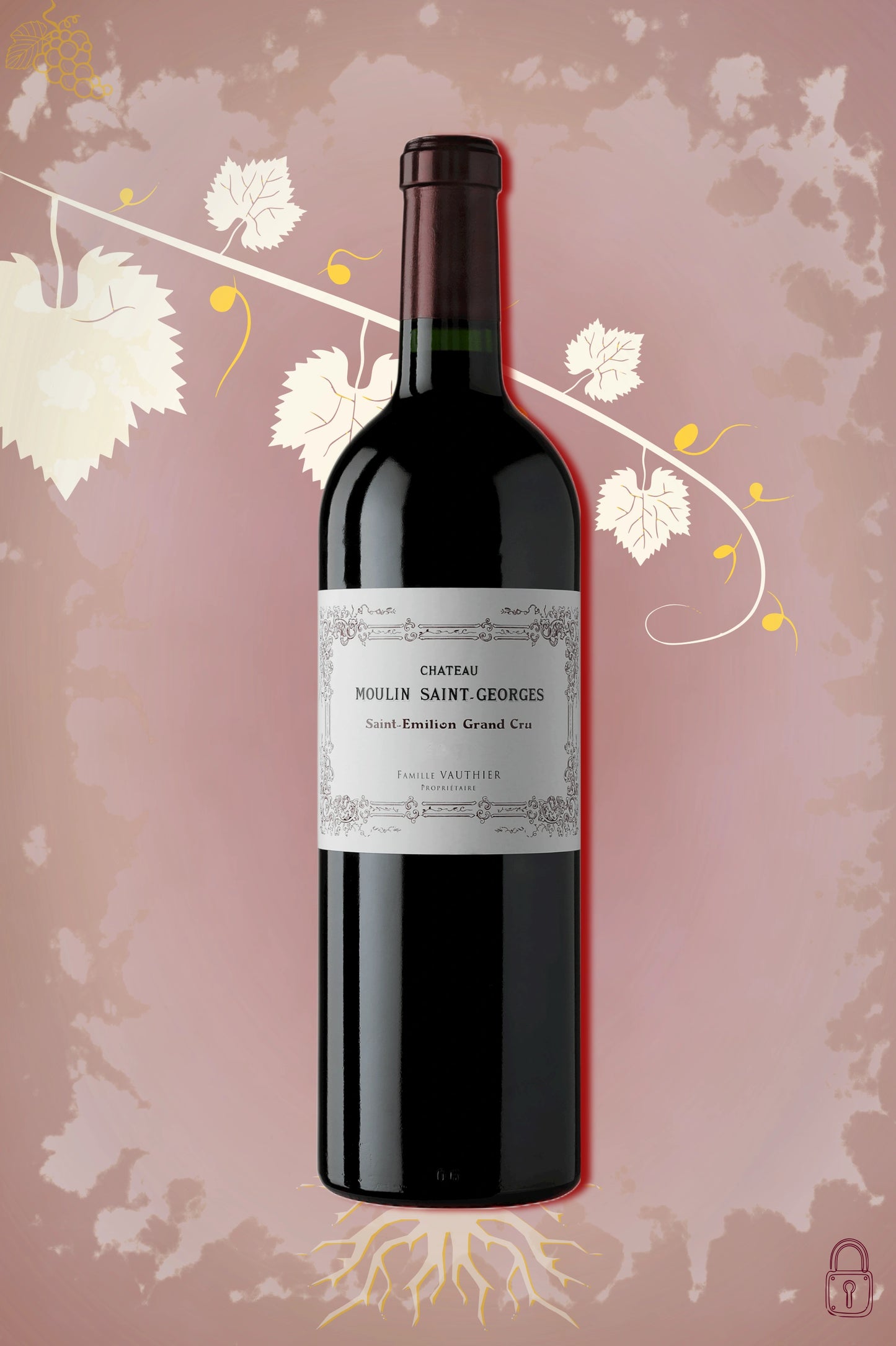 Château Moulin Saint-Georges 2022 tegen bordeaux achtergrond – premium rode wijn
