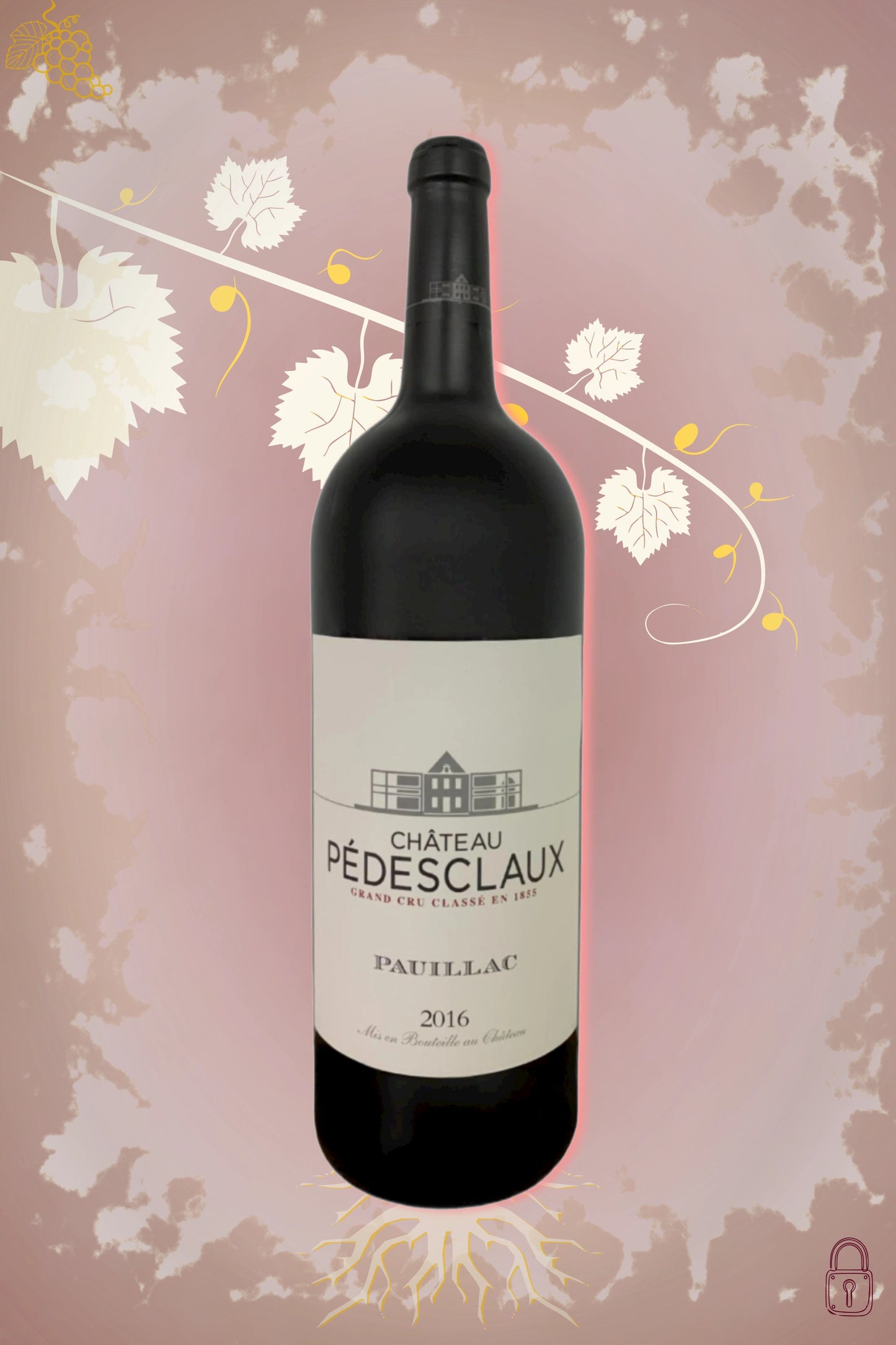 Château Pédesclaux Magnum 2016 tegen bordeaux achtergrond – premium rode Bordeaux wijn
